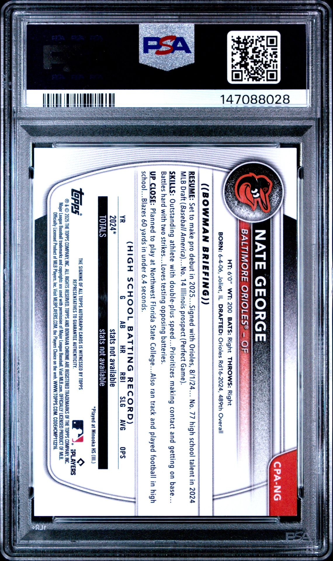 2025 Bowman Chrome Prospect Autographs Nate George #Cpang (Chrome Pros Au-Speckle Ref) Mint 9 back