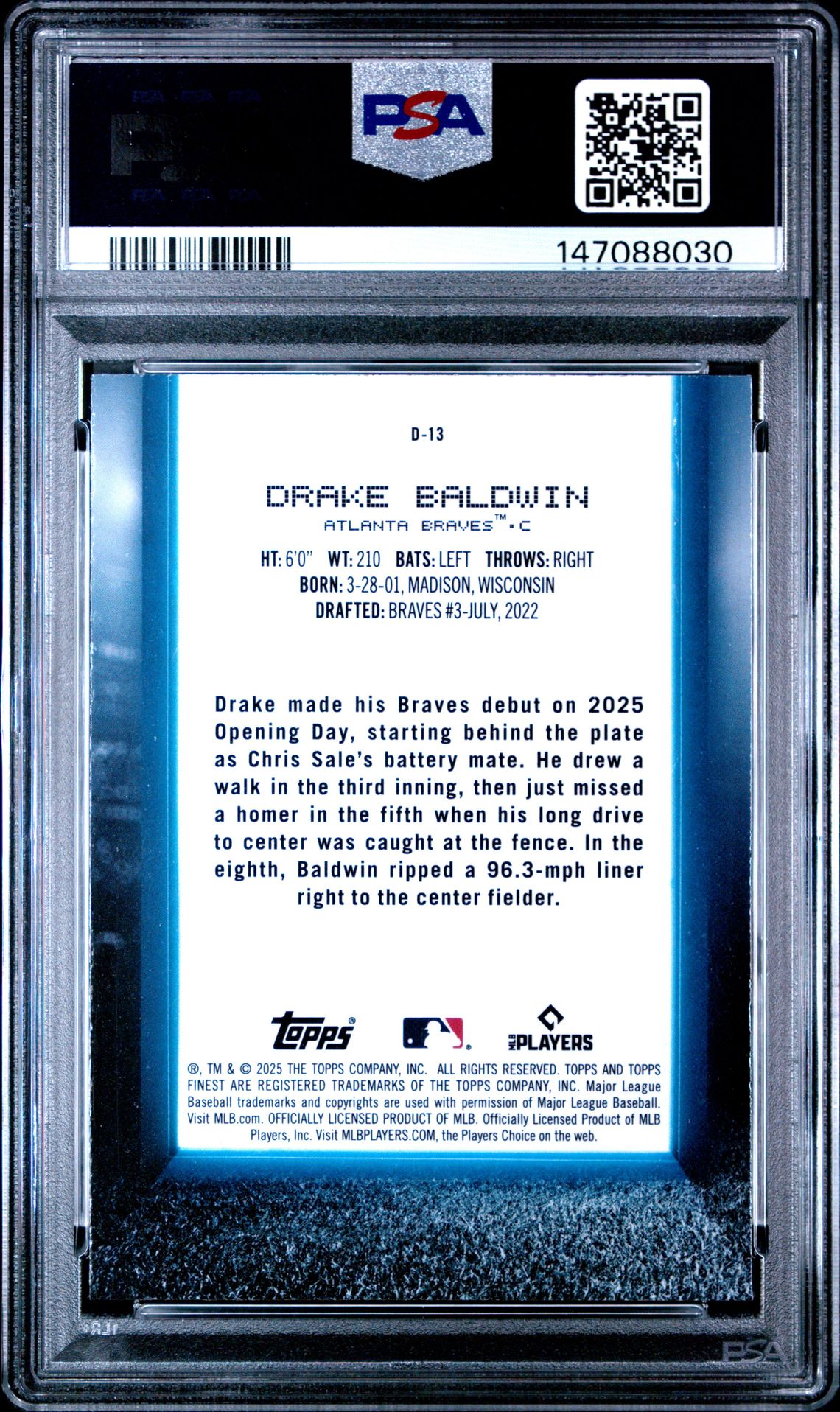 2025 Topps Finest Debut Drake Baldwin #D13 (Debut-Blue Refractor) Gem Mt 10 back