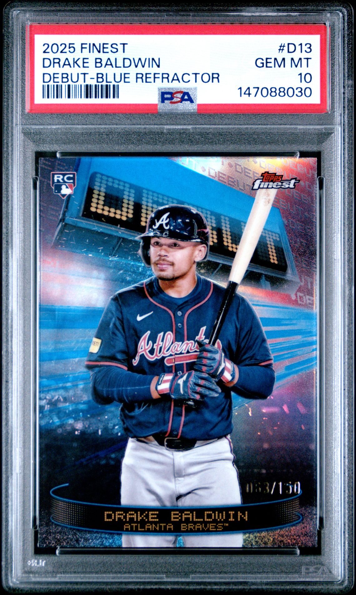 2025 Topps Finest Debut Drake Baldwin #D13 (Debut-Blue Refractor) Gem Mt 10 front