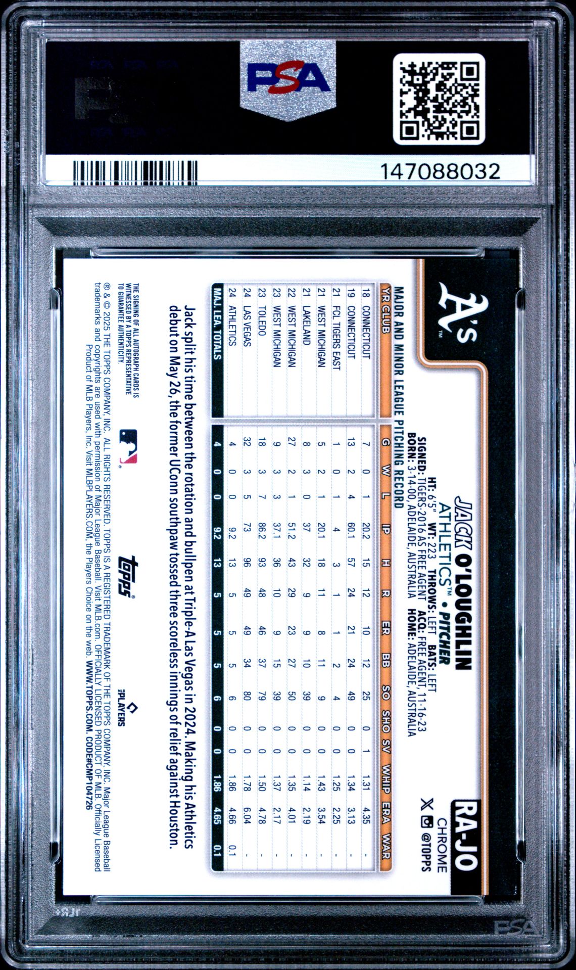 2025 Topps Chrome Rookie Autographs Jack O'loughlin #Rajo (Rookie Auto-Aqua Wave) Gem Mt 10 back