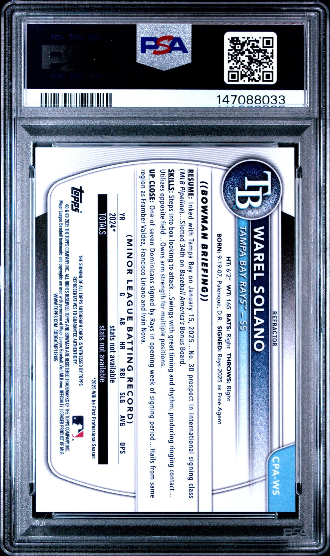 2025 Bowman Chrome Prospect Autographs Warel Solano #Cpaws (Chrome Pros Au-Refractor) Gem Mt 10 back