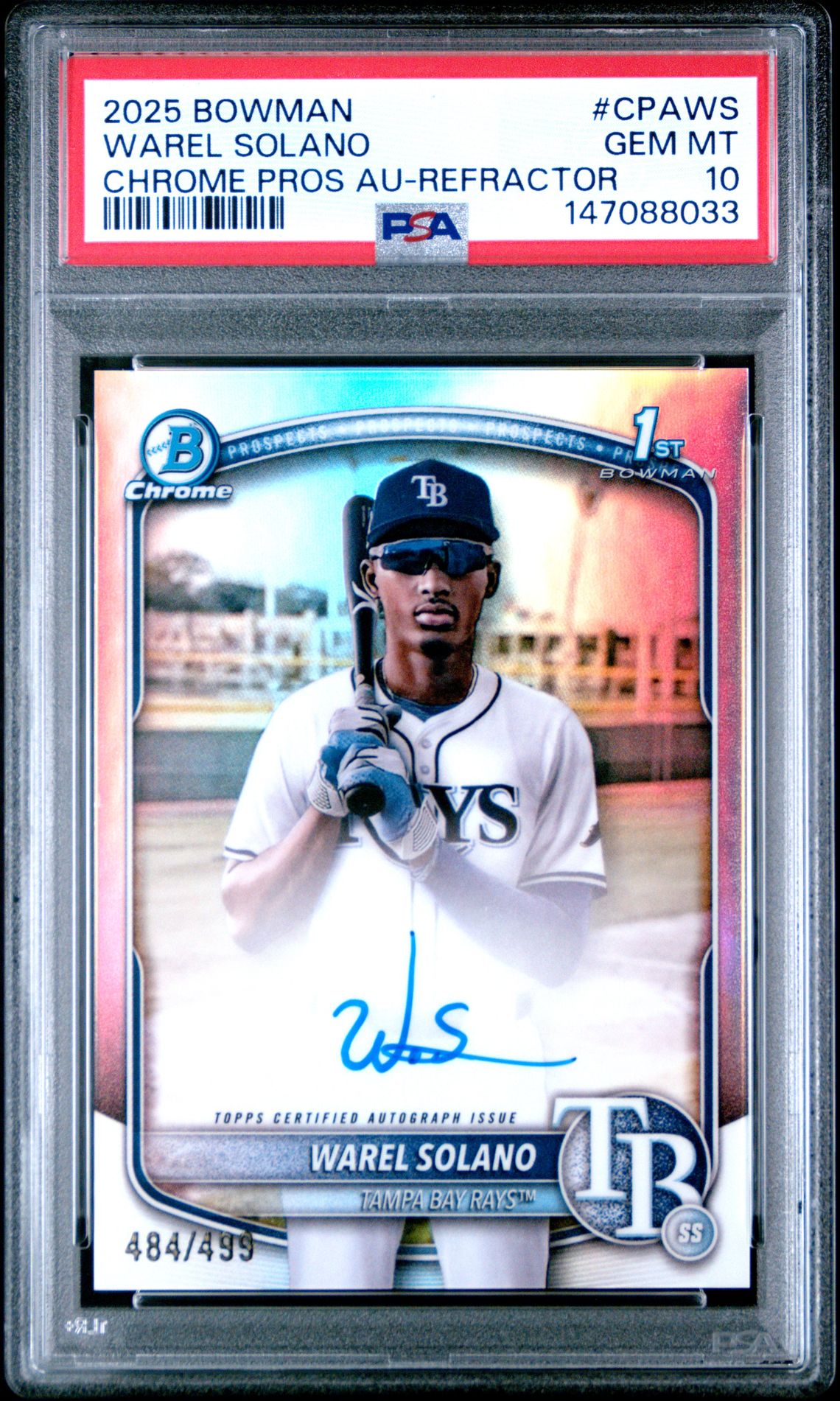2025 Bowman Chrome Prospect Autographs Warel Solano #Cpaws (Chrome Pros Au-Refractor) Gem Mt 10 front