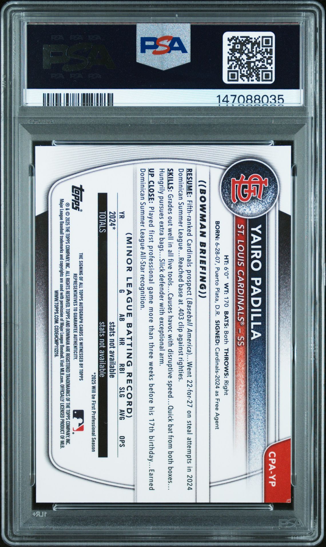 2025 Bowman Chrome Prospect Autographs Yairo Padilla #Cpayp Mint 9 back