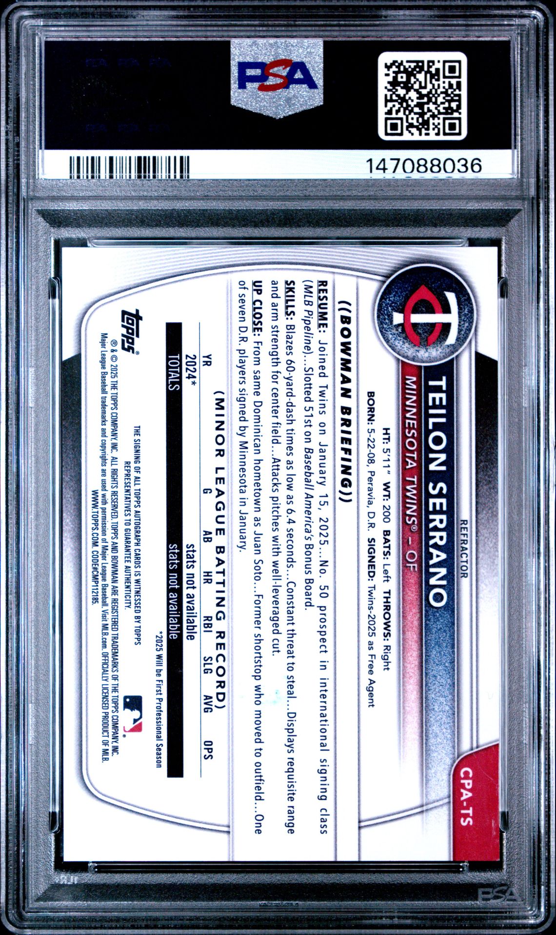 2025 Bowman Chrome Prospect Autographs Teilon Serrano #Cpats (Chrome Pros Au-Refractor) Gem Mt 10 back