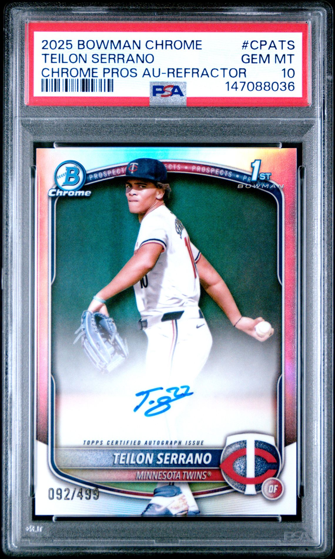 2025 Bowman Chrome Prospect Autographs Teilon Serrano #Cpats (Chrome Pros Au-Refractor) Gem Mt 10 front