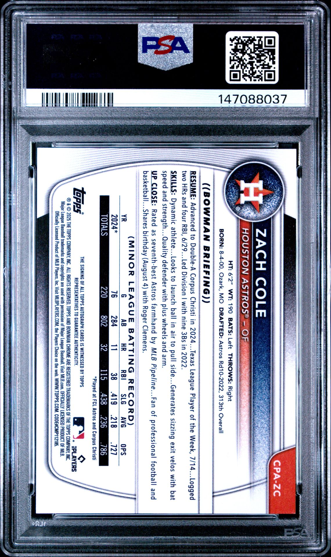 2025 Bowman Chrome Prospect Autographs Zach Cole #Cpazc Gem Mt 10 back