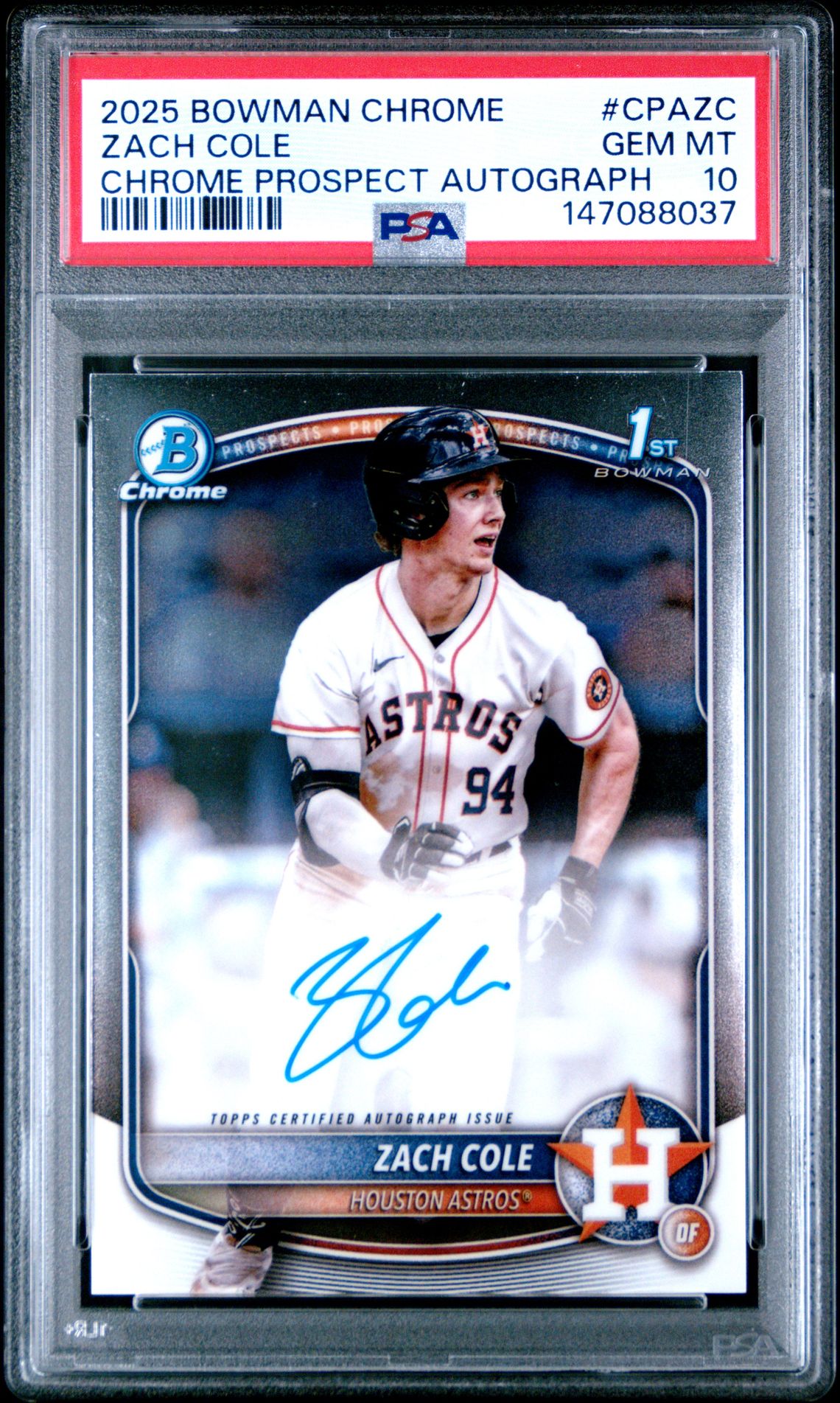 2025 Bowman Chrome Prospect Autographs Zach Cole #Cpazc Gem Mt 10 front