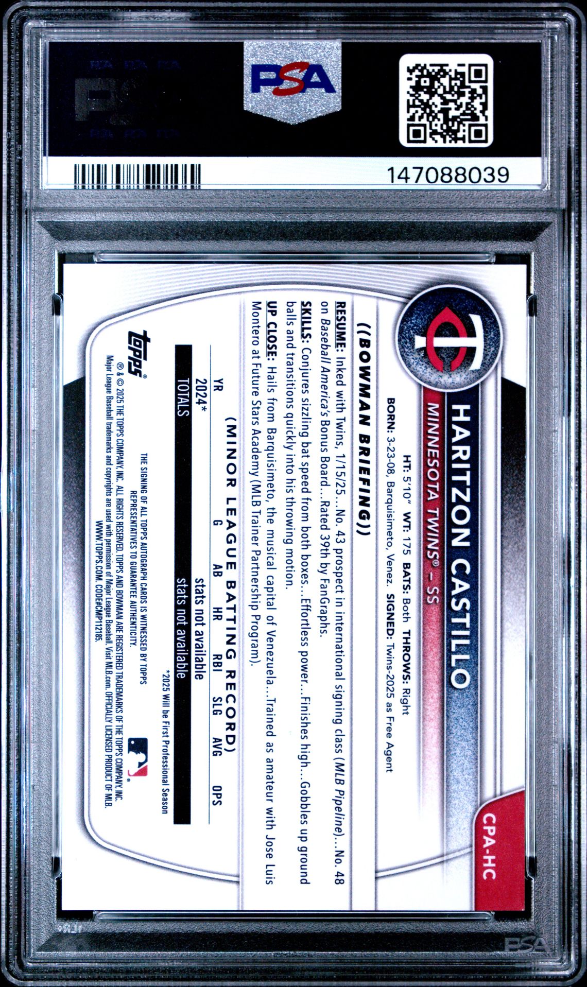 2025 Bowman Chrome Prospect Autographs Haritzon Castillo #Cpahc Gem Mt 10 back