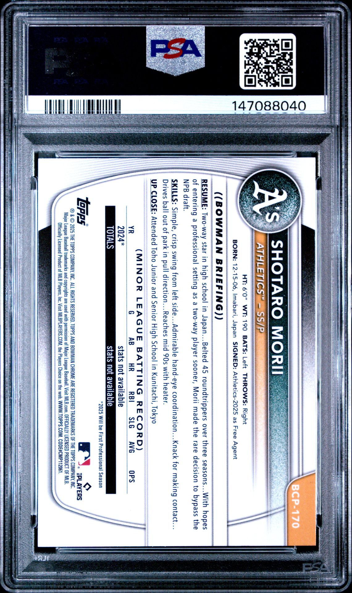 2025 Bowman Chrome Prospects Shotaro Morii #Bcp170 (Prospects-Geometric Ref) Gem Mt 10 back
