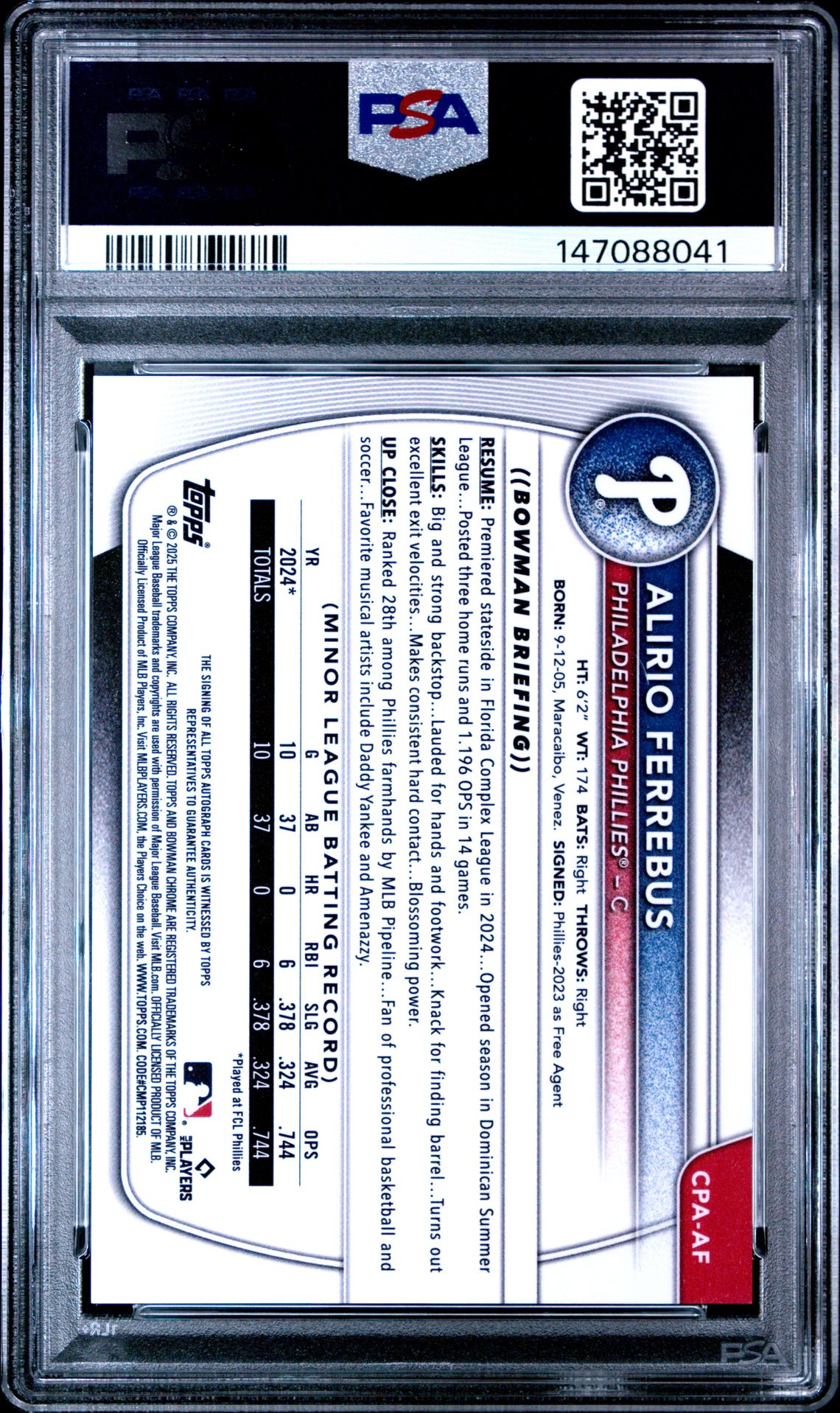 2025 Bowman Chrome Prospect Autographs Alirio Ferrebus #Cpaaf Gem Mt 10 back