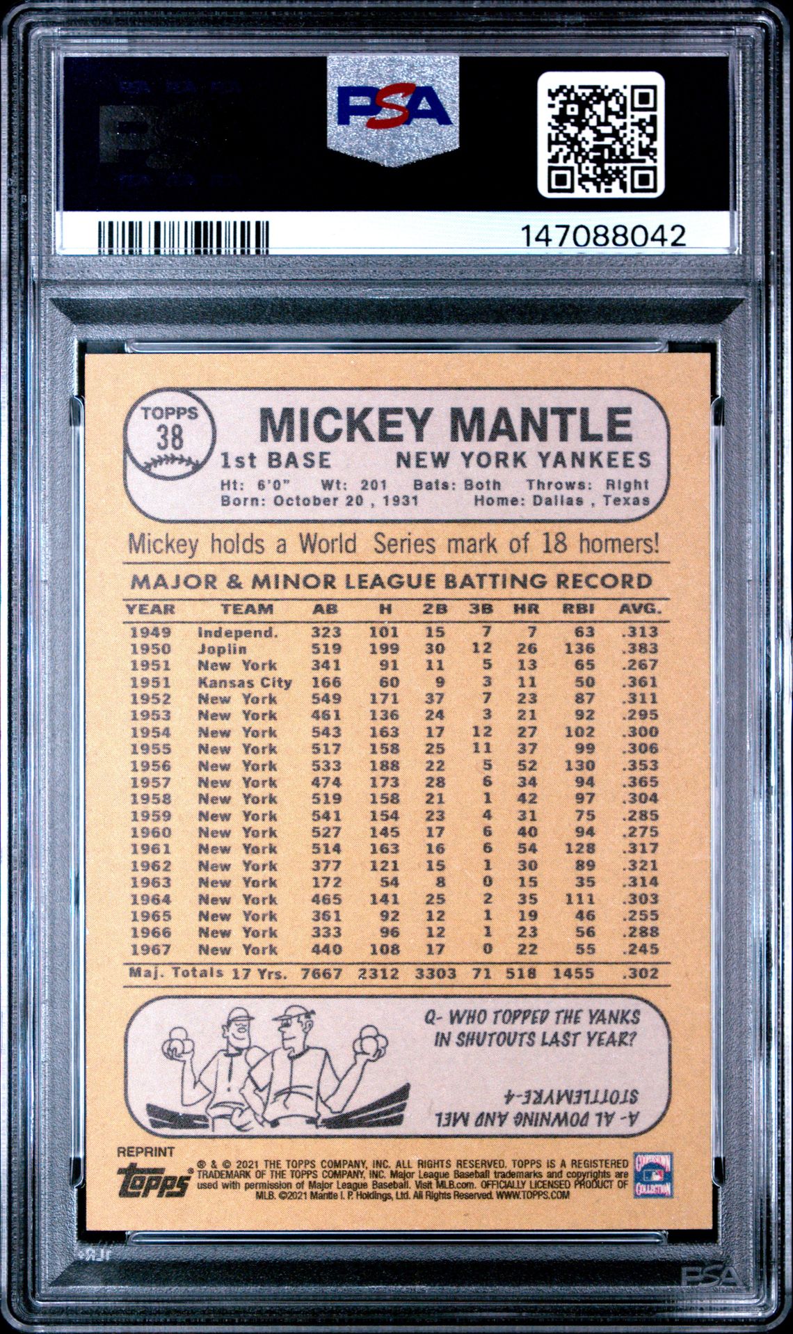 2021 Topps X Mickey Mantle Collection Mickey Mantle #38 Gem Mt 10 back