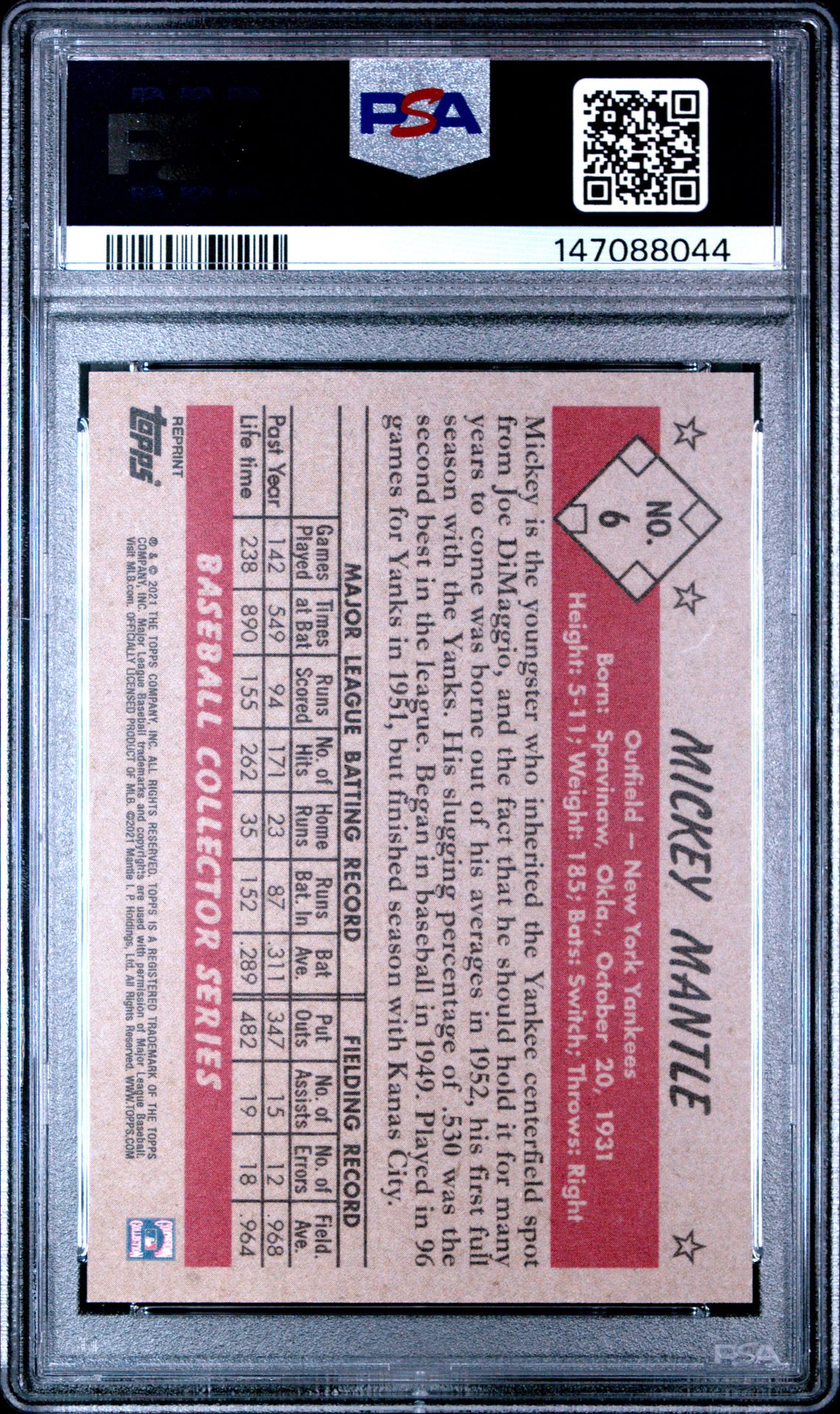 2021 Topps X Mickey Mantle Collection Mickey Mantle #6 Mint 9 back