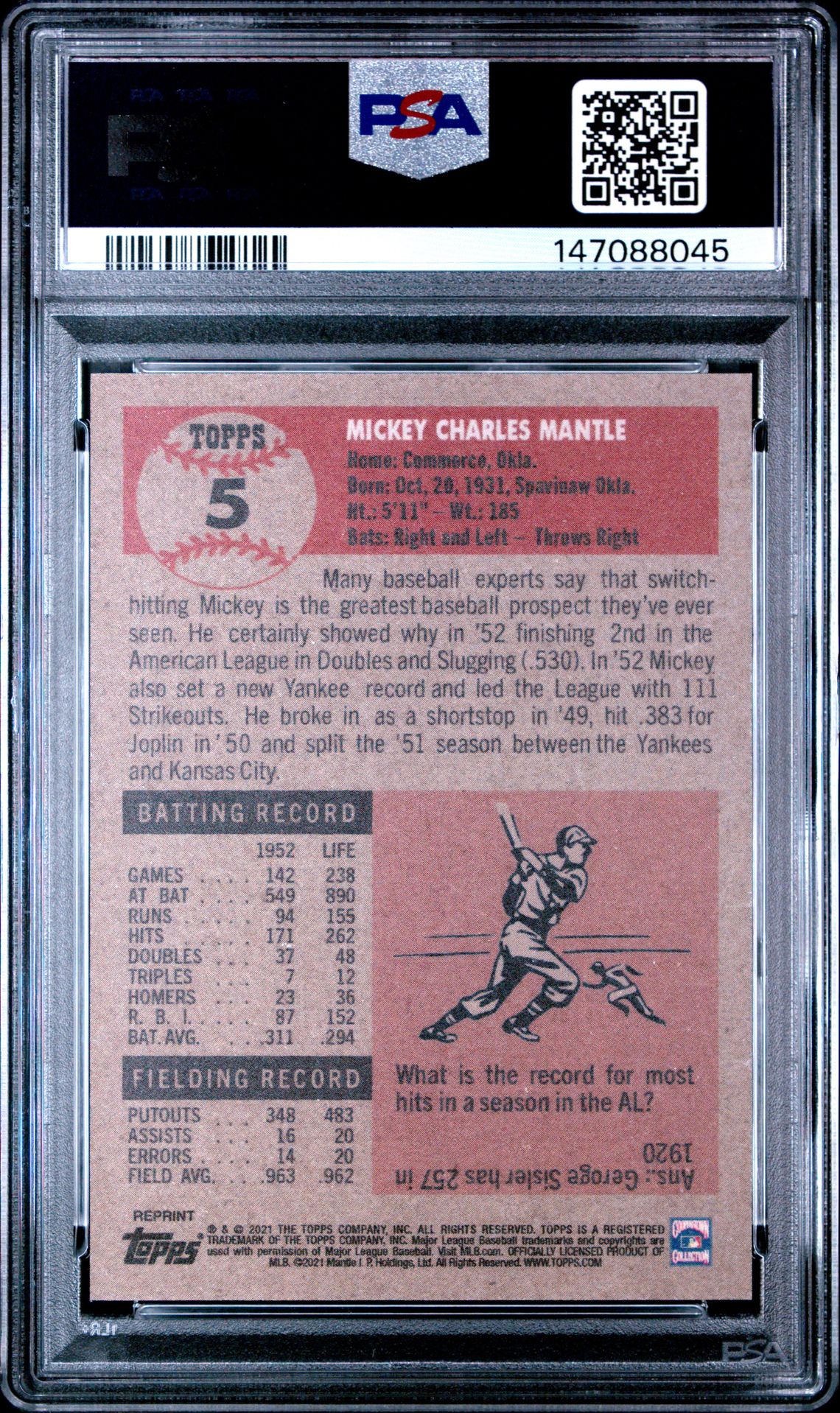2021 Topps X Mickey Mantle Collection Mickey Mantle #5 Nm 7 back