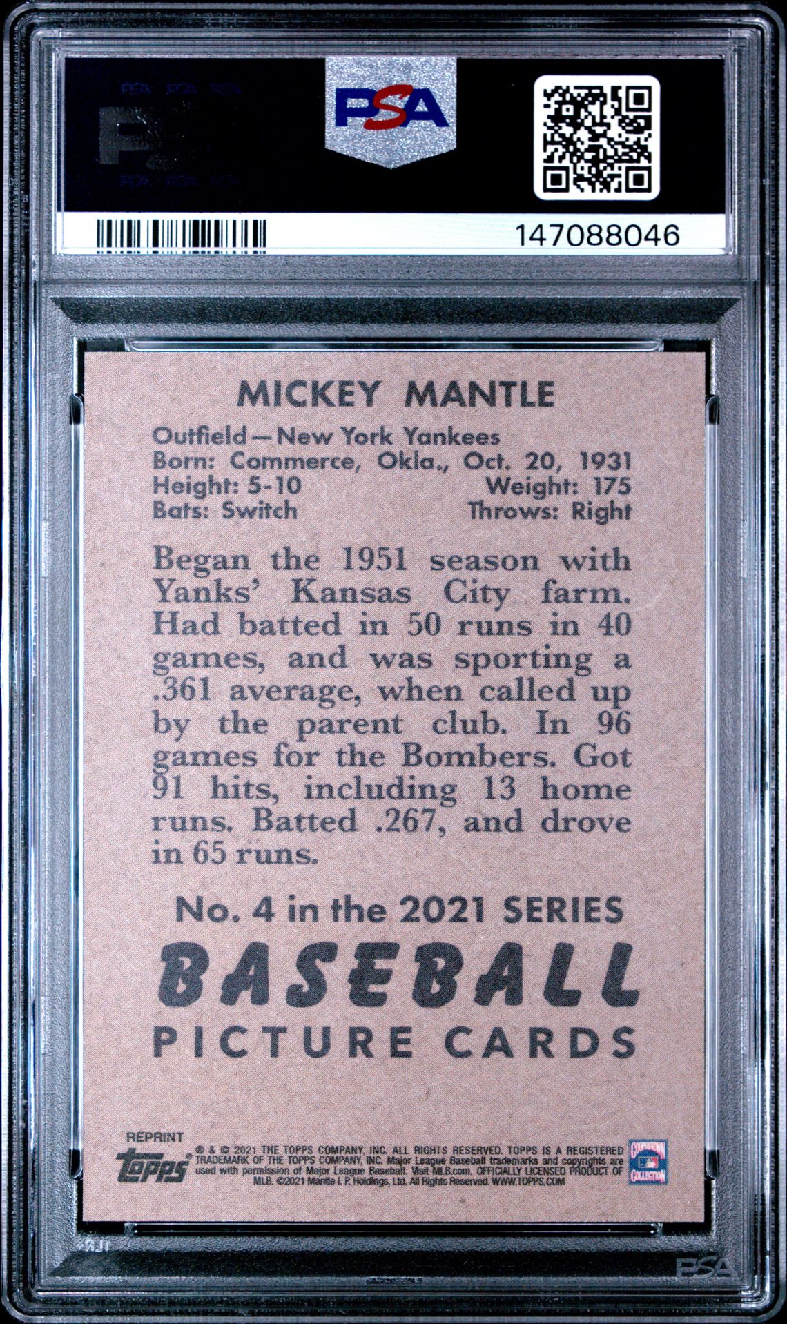 2021 Topps X Mickey Mantle Collection Mickey Mantle #4 Nm-Mt 8 back
