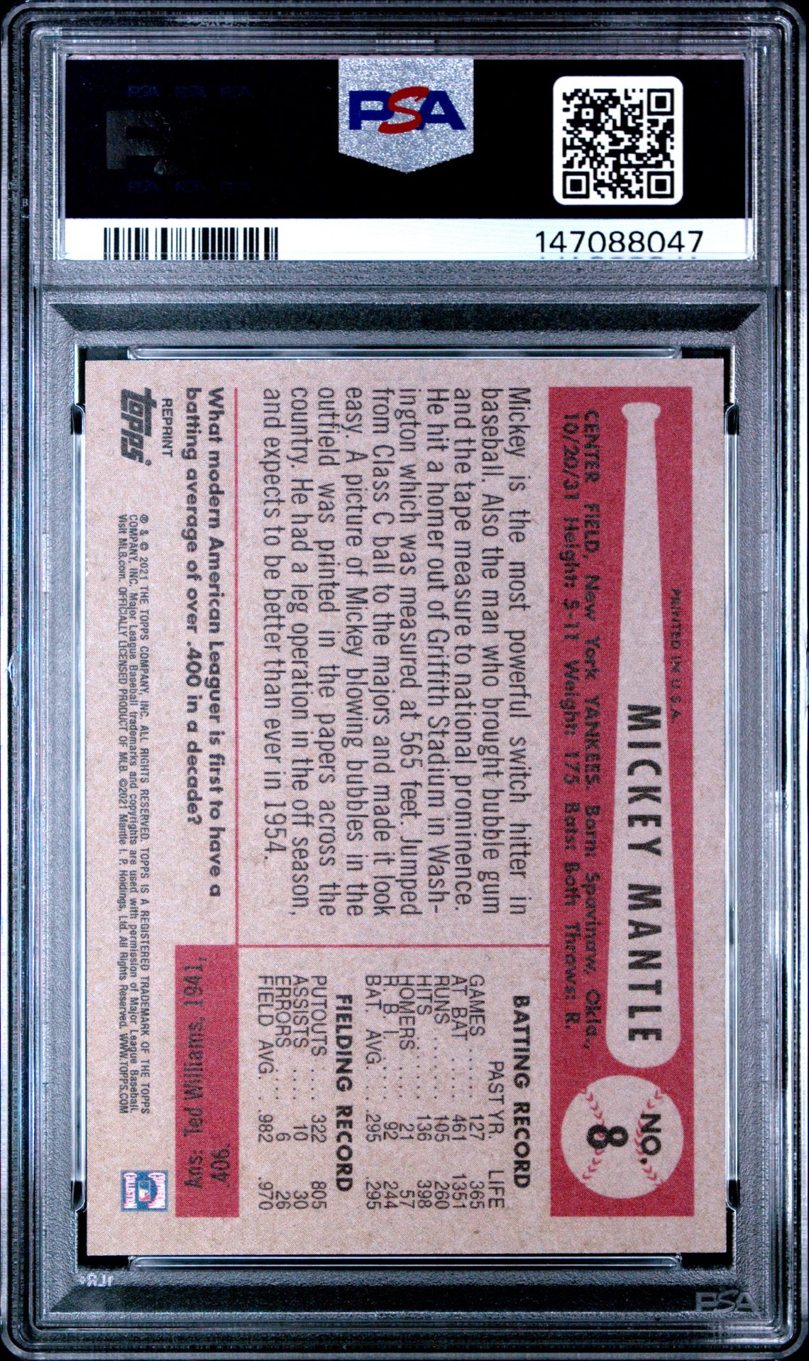 2021 Topps X Mickey Mantle Collection Mickey Mantle #8 Mint 9 back