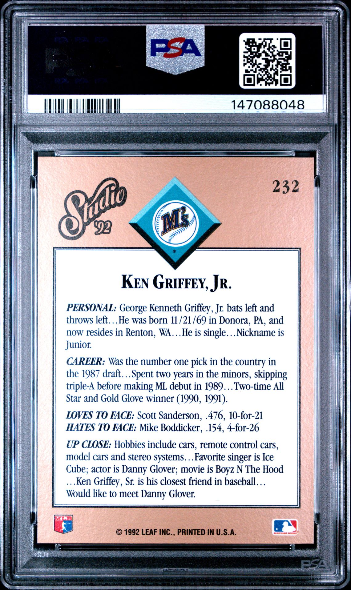 1992 Studio Ken Griffey Jr. #232 Nm-Mt 8 back
