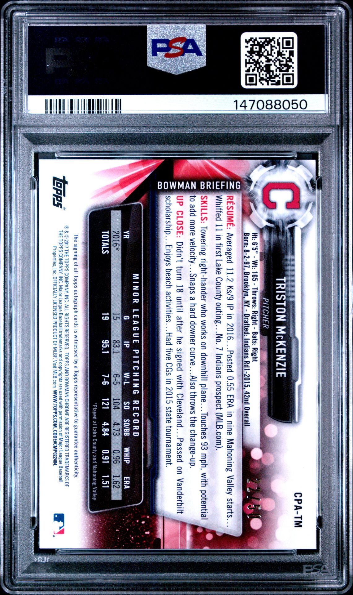 2017 Bowman Prospect Autographs Triston Mckenzie #Tm (Pros.au-Chr-Gold Shmr.) Gem Mt 10 back