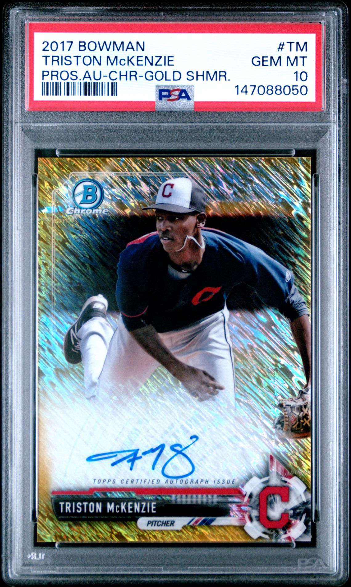 2017 Bowman Prospect Autographs Triston Mckenzie #Tm (Pros.au-Chr-Gold Shmr.) Gem Mt 10 front