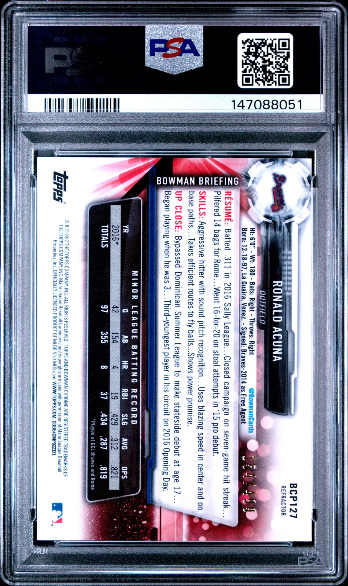 2017 Bowman Prospects Ronald Acuna #Bcp127 (Prospects-Chrome-Ref.) Gem Mt 10 back