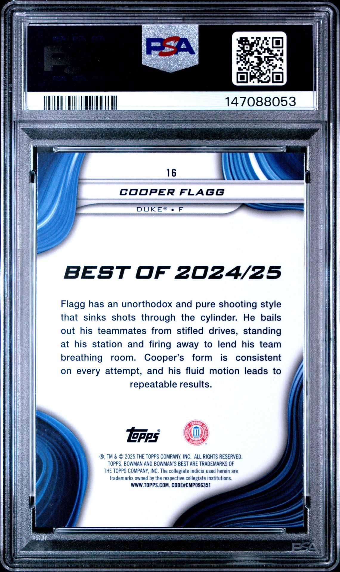 2024 Bowman University Best Cooper Flagg #16 (Shimmer Refractor) Gem Mt 10 back