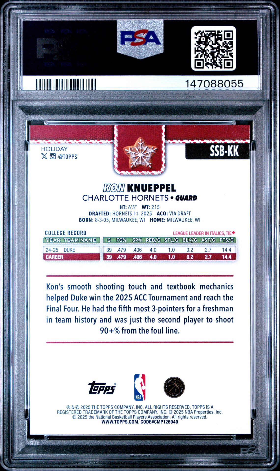 2025 Topps Holiday Holiday Backs Variation Super Short Prints Kon Knueppel #Ssb-Kk Gem Mt 10 back