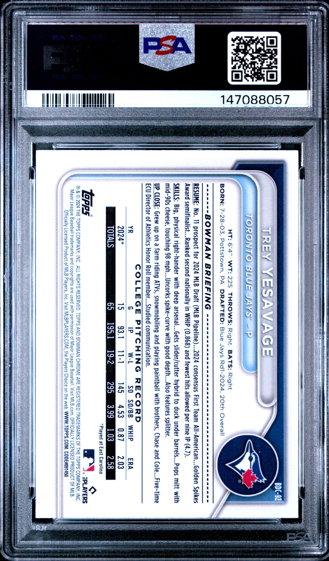 2024 Bowman Draft Trey Yesavage #Bdc92 (Chrome) Nm-Mt 8 back