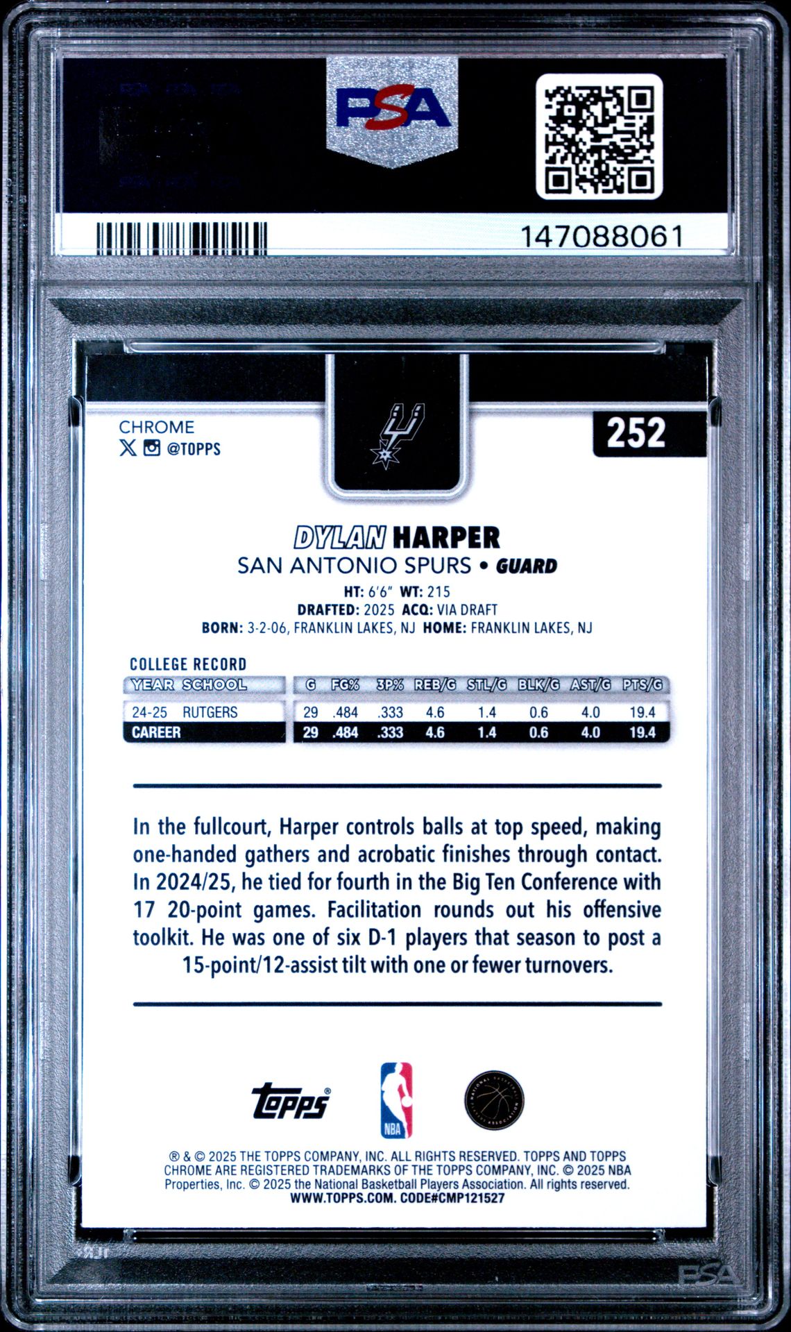 2025 Topps Chrome Dylan Harper #252 Mint 9 back