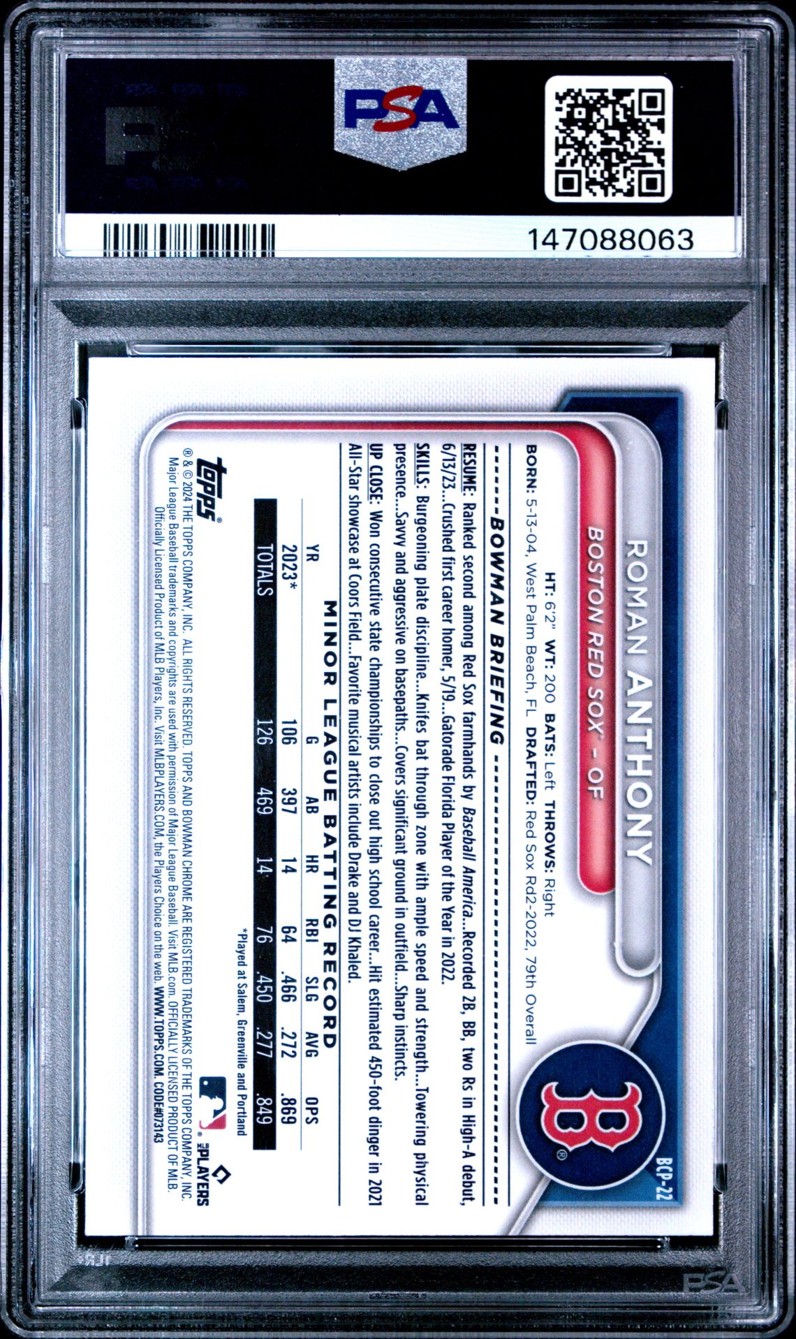 2024 Bowman Chrome Prospects Roman Anthony #Bcp22 (Chr Prspcts-Lunar Glow Ref) Gem Mt 10 back