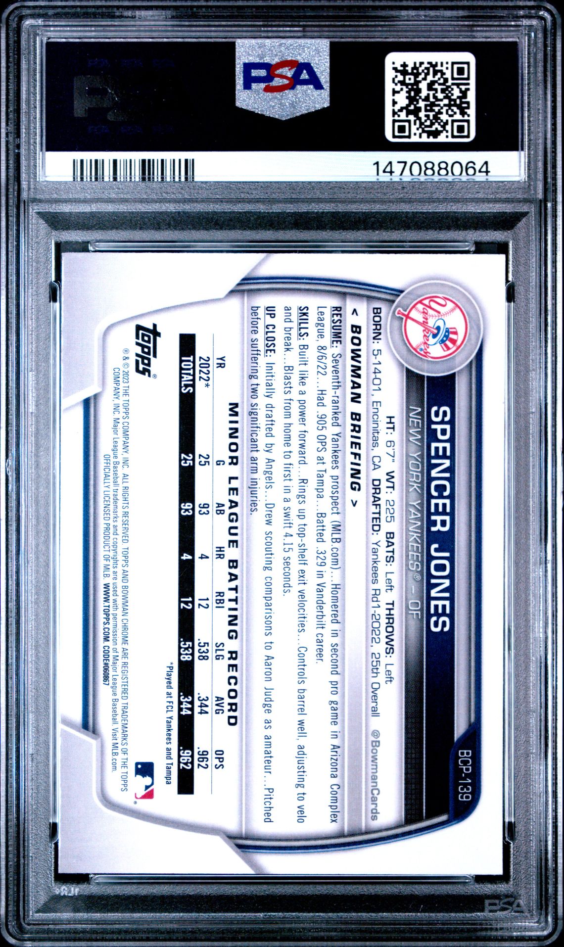 2023 Bowman Mega Box Chrome Spencer Jones #139 (Chrome) Gem Mt 10 back