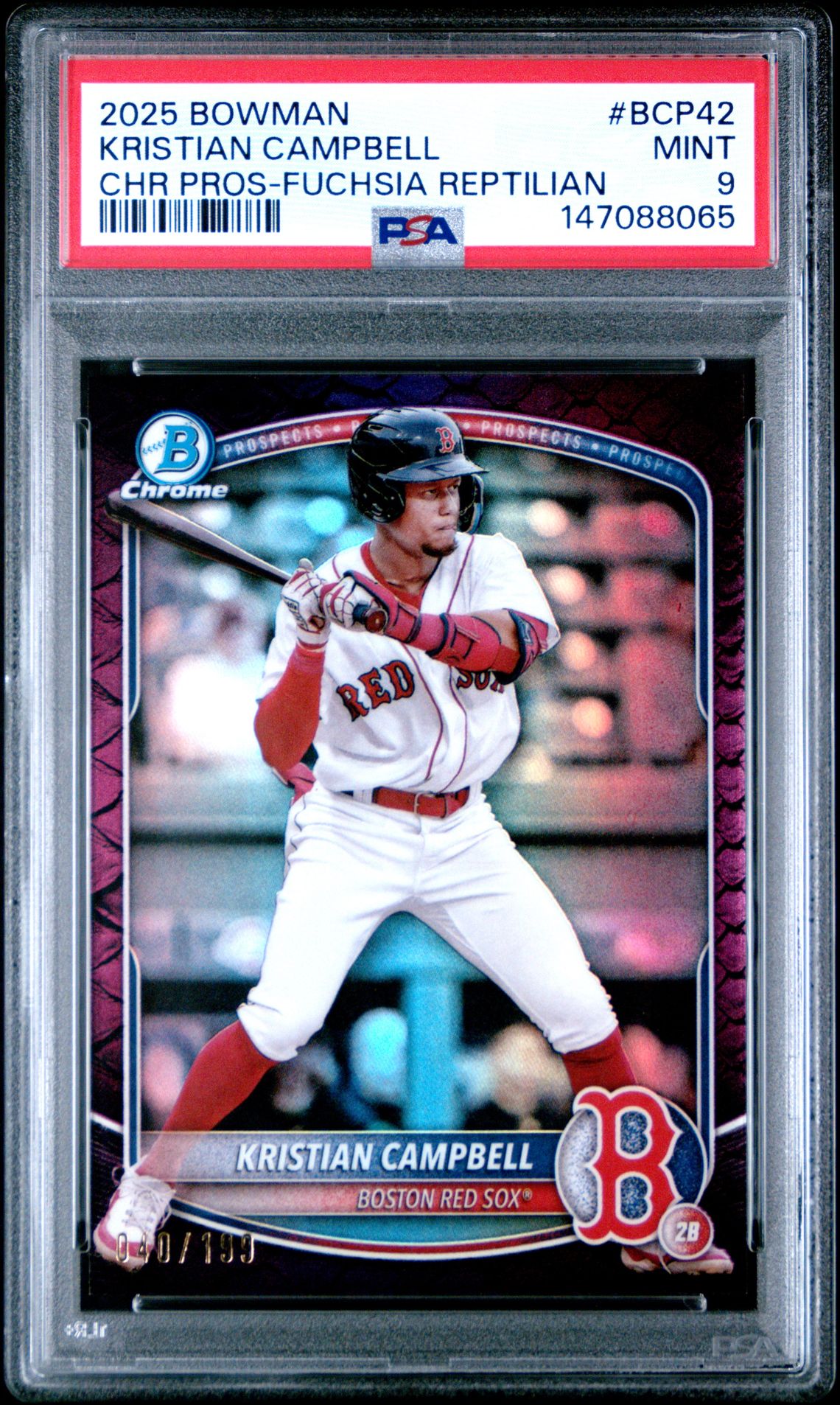 2025 Bowman Chrome Prospects Kristian Campbell #Bcp42 (Chr Pros-Fuchsia Reptilian) Mint 9 front