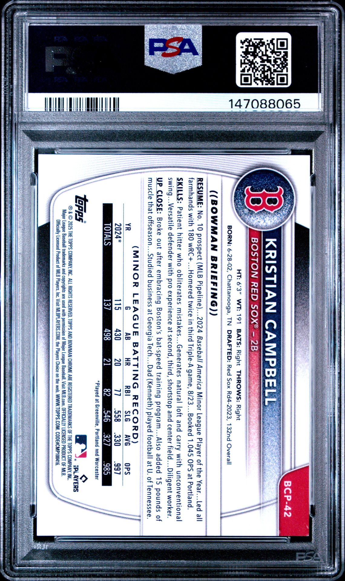 2025 Bowman Chrome Prospects Kristian Campbell #Bcp42 (Chr Pros-Fuchsia Reptilian) Mint 9 back