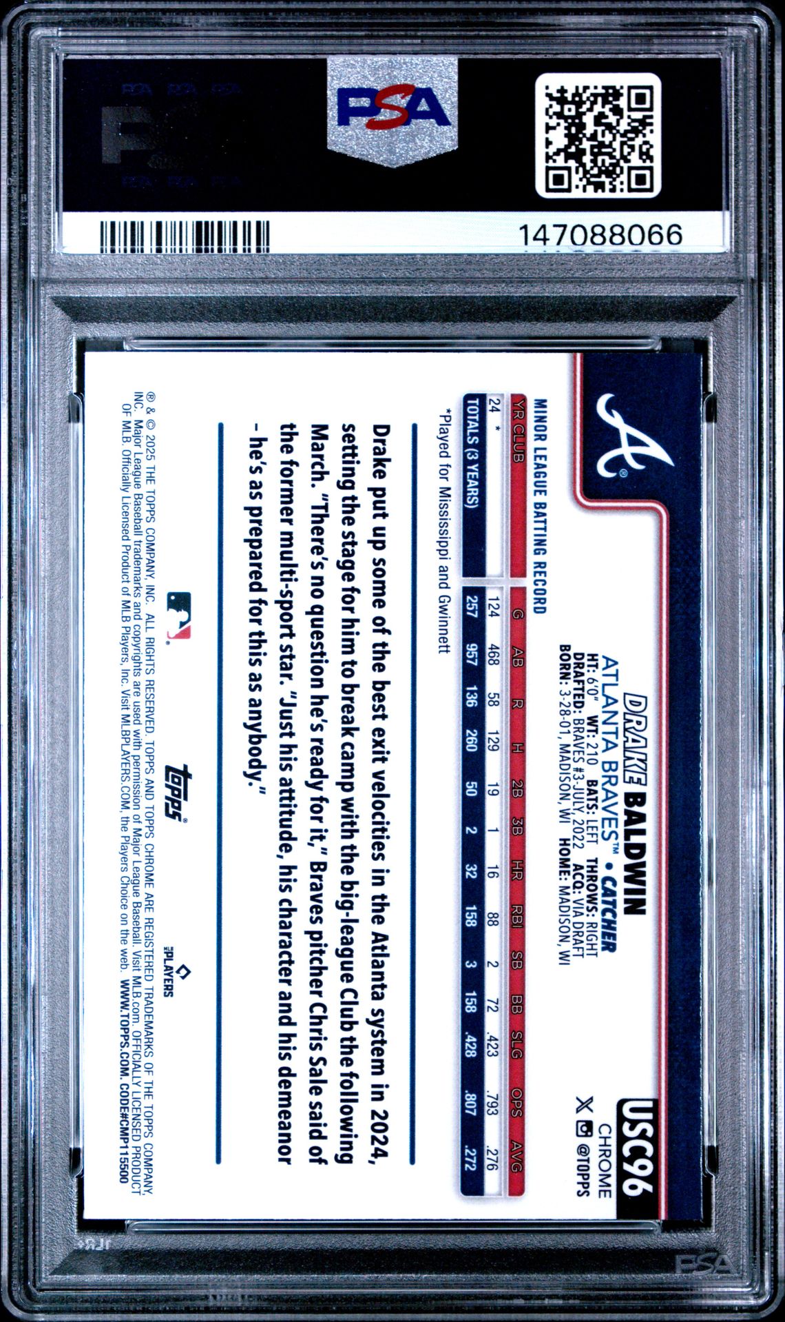 2025 Topps Chrome Update Drake Baldwin #96 (X-Fractor) Mint 9 back