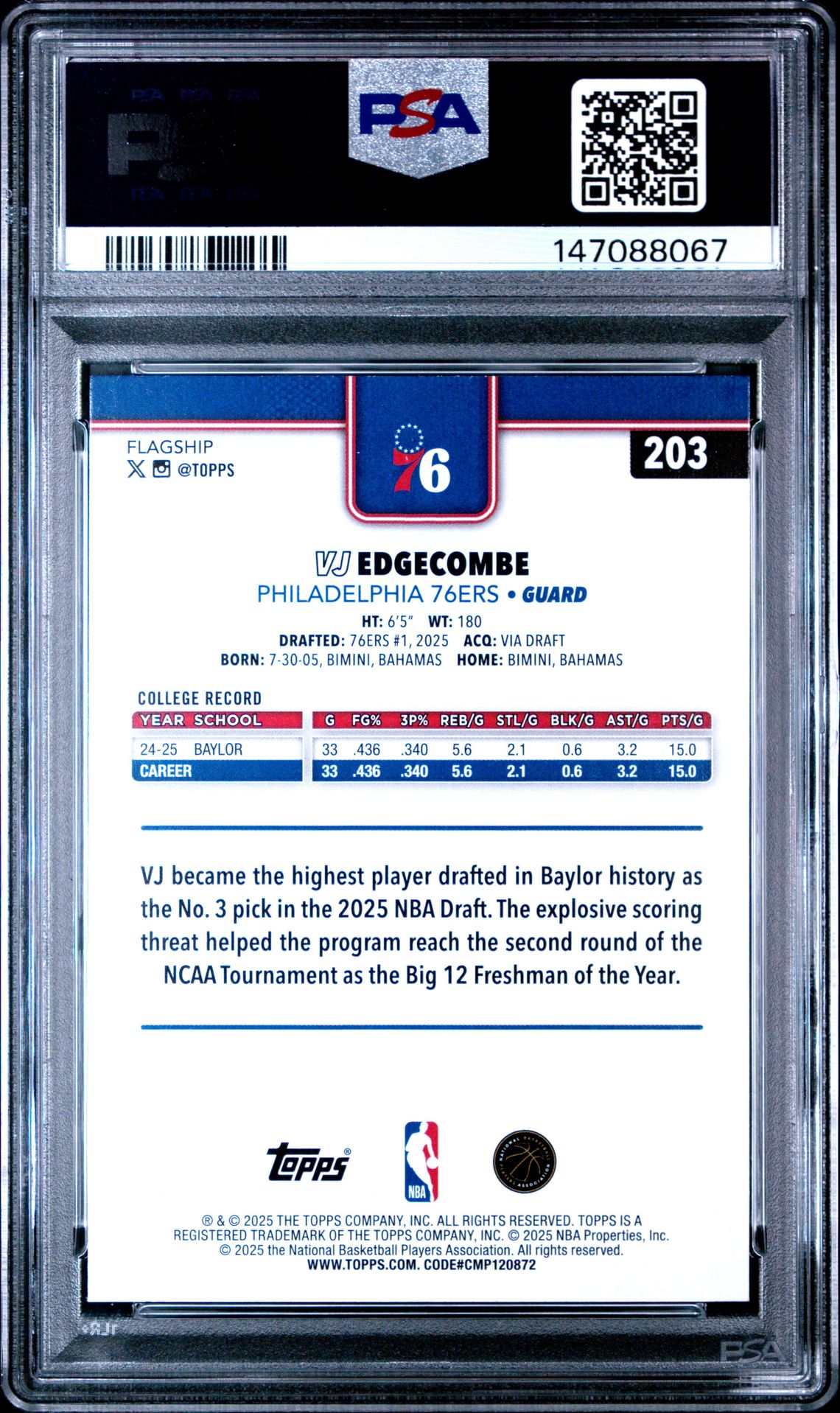 2025 Topps Vj Edgecombe #203 (Holo Foil) Gem Mt 10 back