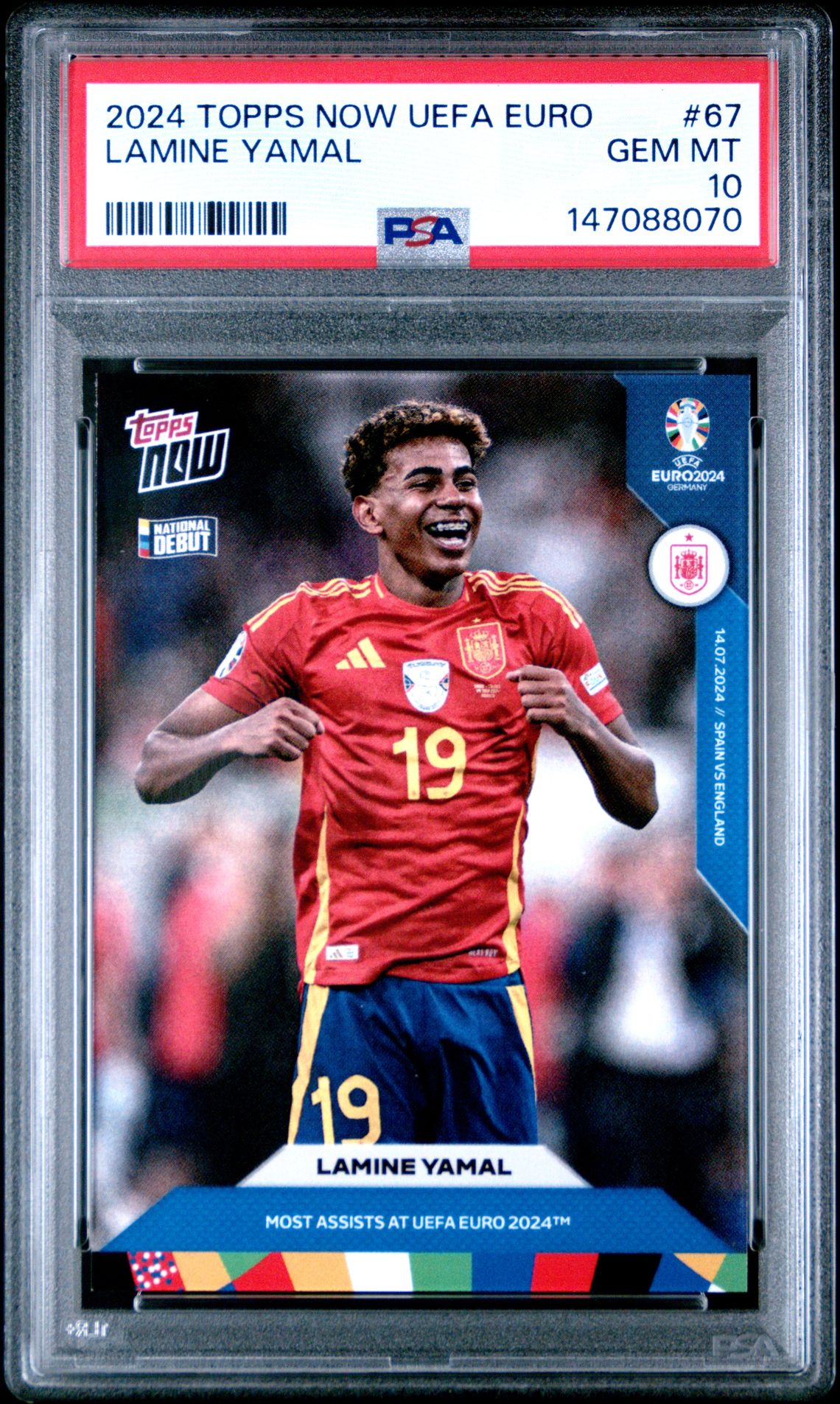 2024 Topps Now Uefa Euro Lamine Yamal #67 Gem Mt 10 front view - PSA graded GEM MT 10