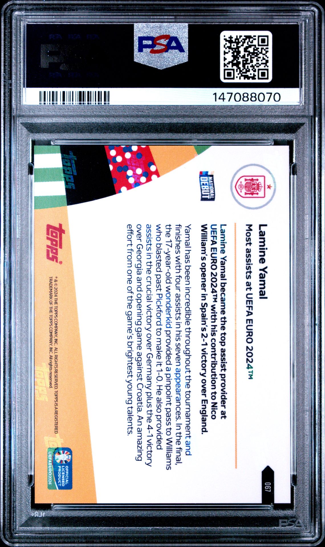 2024 Topps Now Uefa Euro Lamine Yamal #67 Gem Mt 10 back view - PSA certificate #147088070