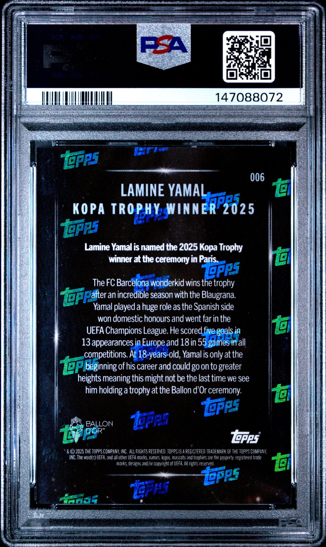 2025 Topps Now Ballon D'or Lamine Yamal #6 Gem Mt 10 back view - PSA certificate #147088072