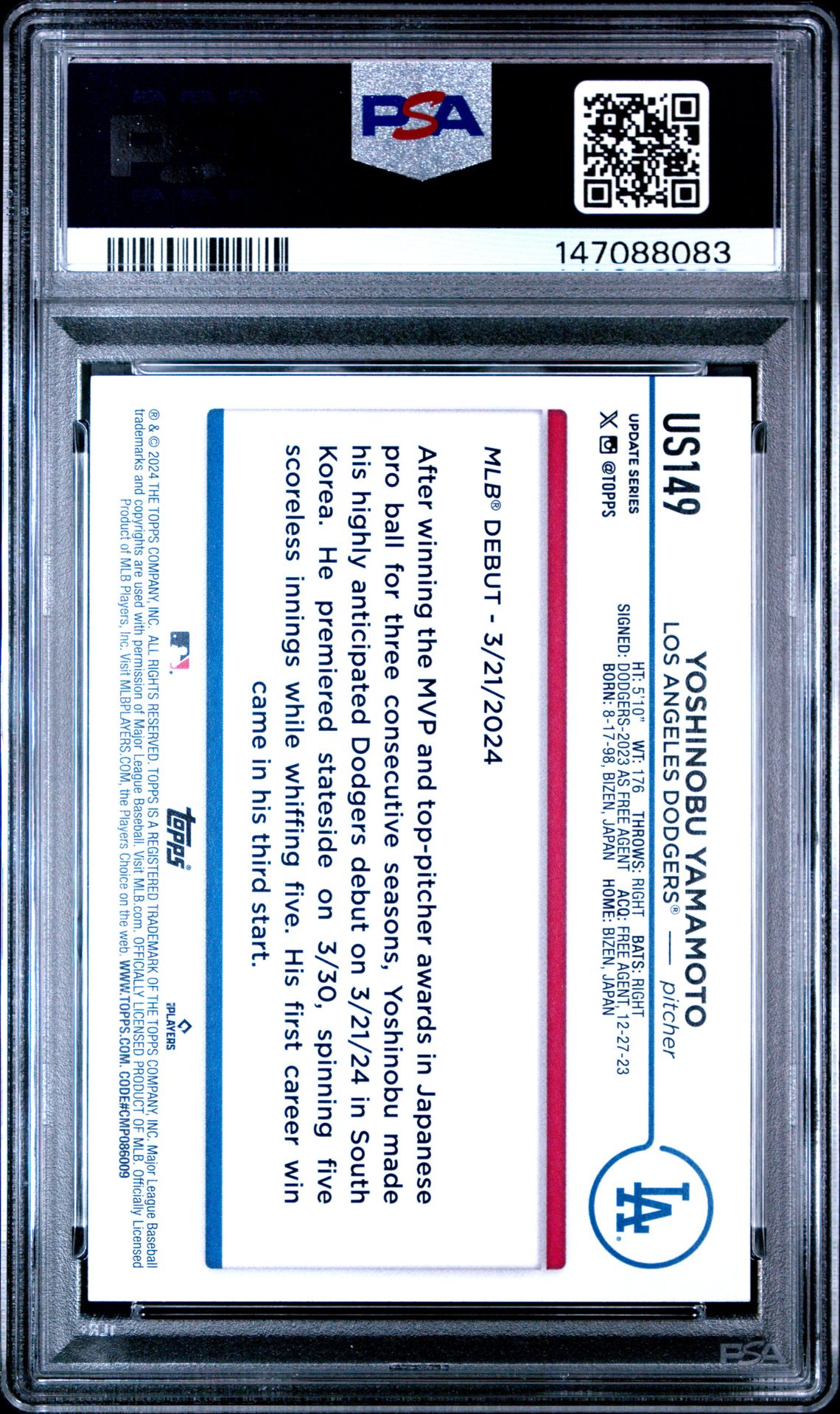 2024 Topps Update Yoshinobu Yamamoto #Us149 (Royal Blue) Gem Mt 10 back