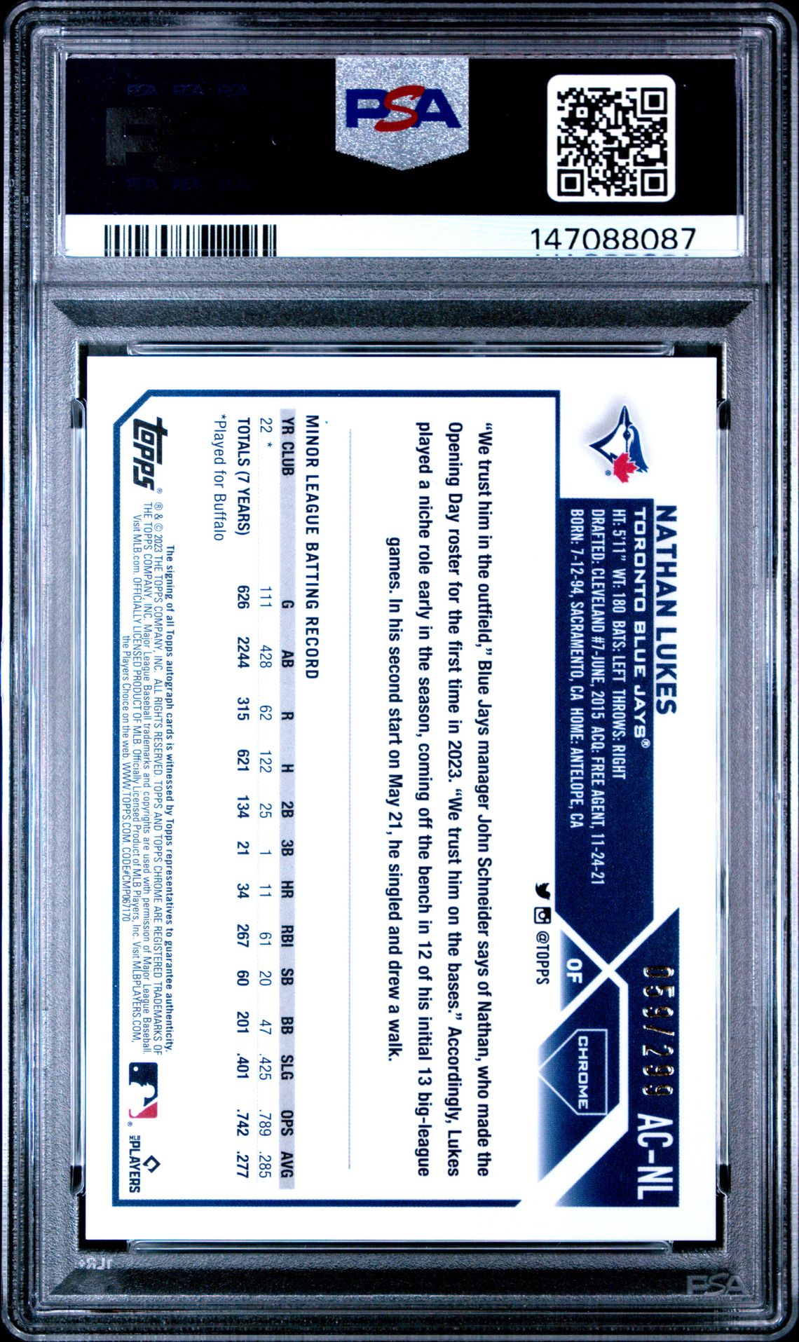 2023 Topps Chrome Update Autograph Nathan Lukes #Acnl (Auto-Purple Speckle Ref) Mint 9 back