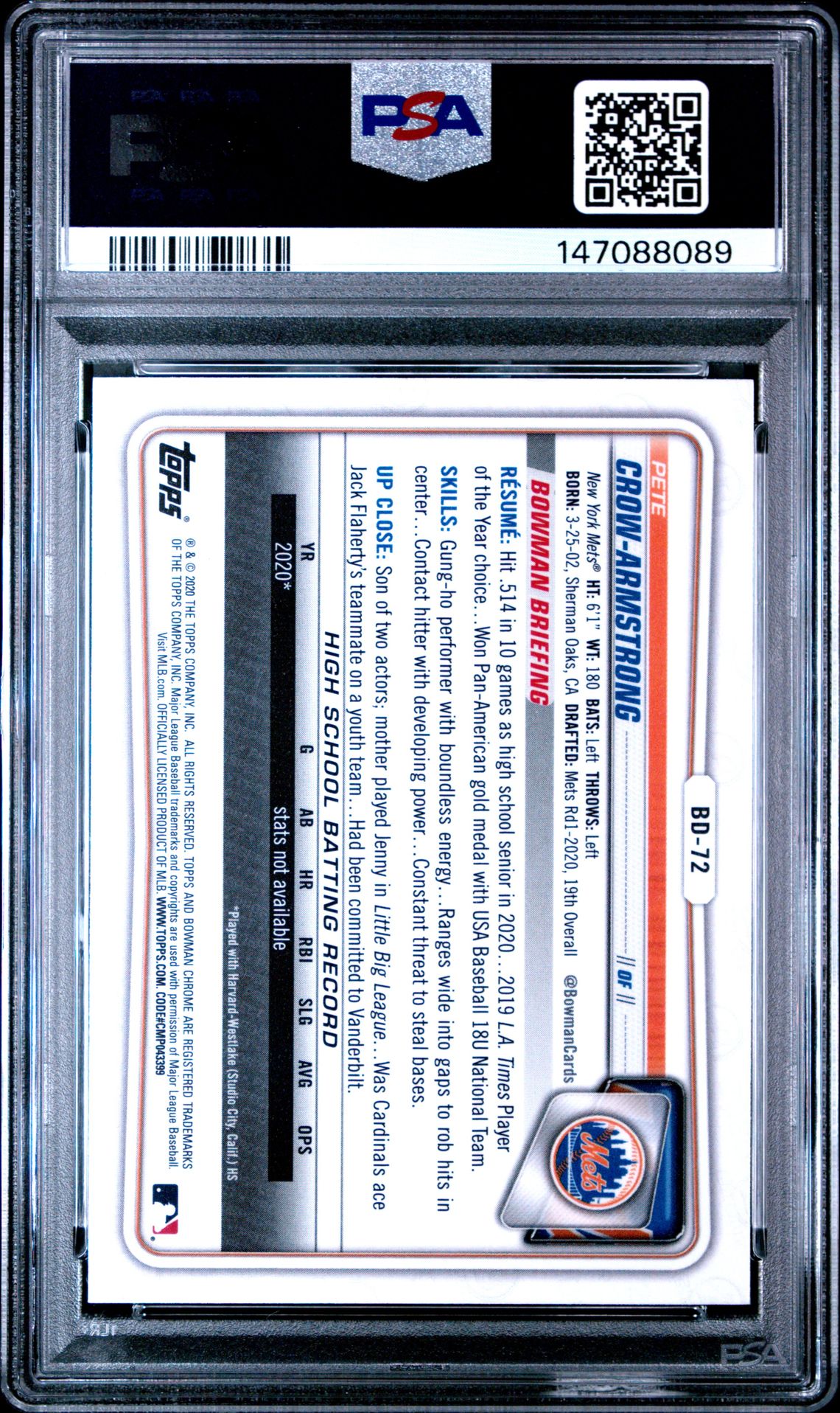 2020 Bowman Draft Chrome Sapphire Edition Pete Crow-Armstrong #Bd72 (Chrome Sapphire Edition) Mint 9 back