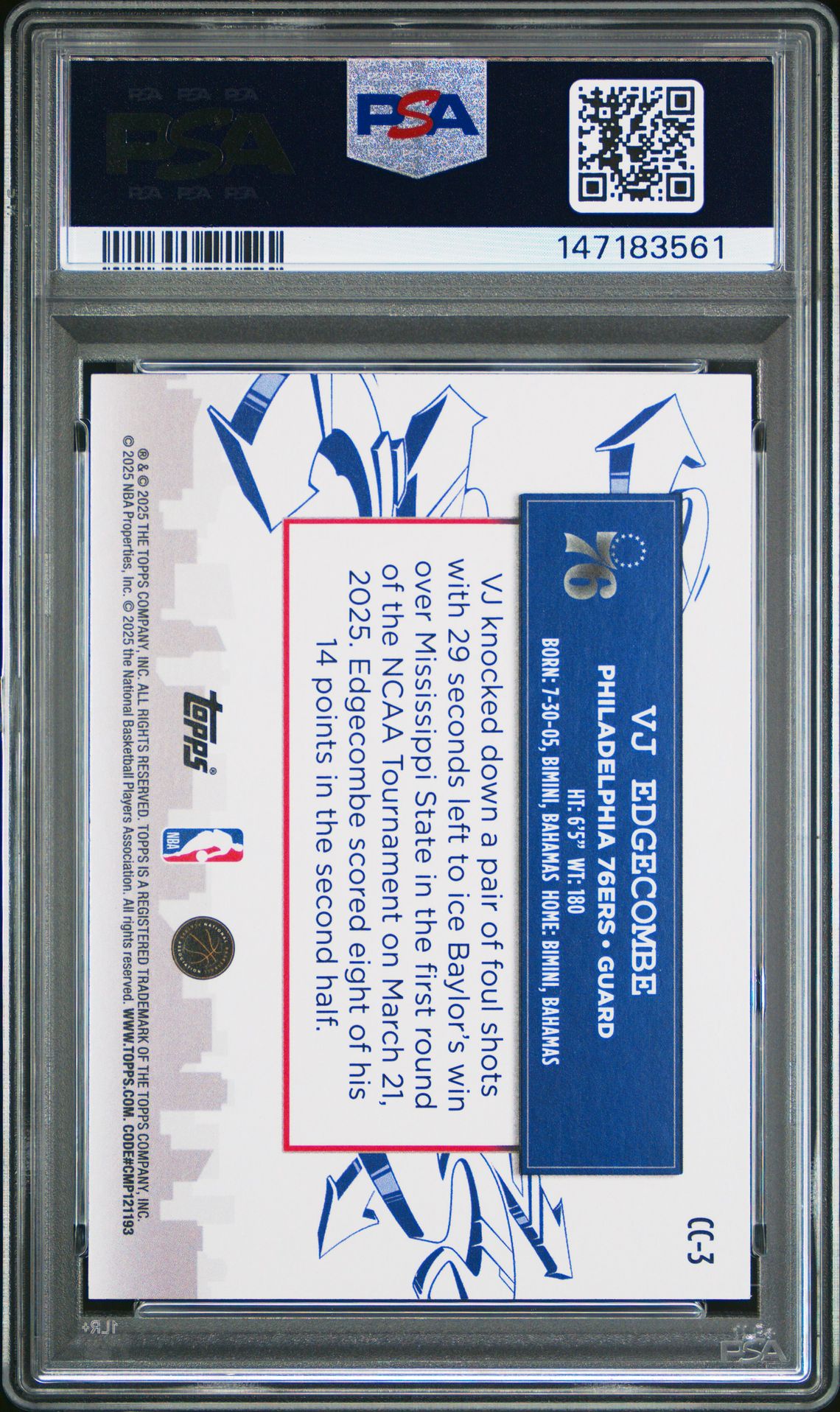 2025 Topps Clutch City Prospects Vj Edgecombe #Cc-3 Gem Mt 10 back view - PSA certificate #147183561