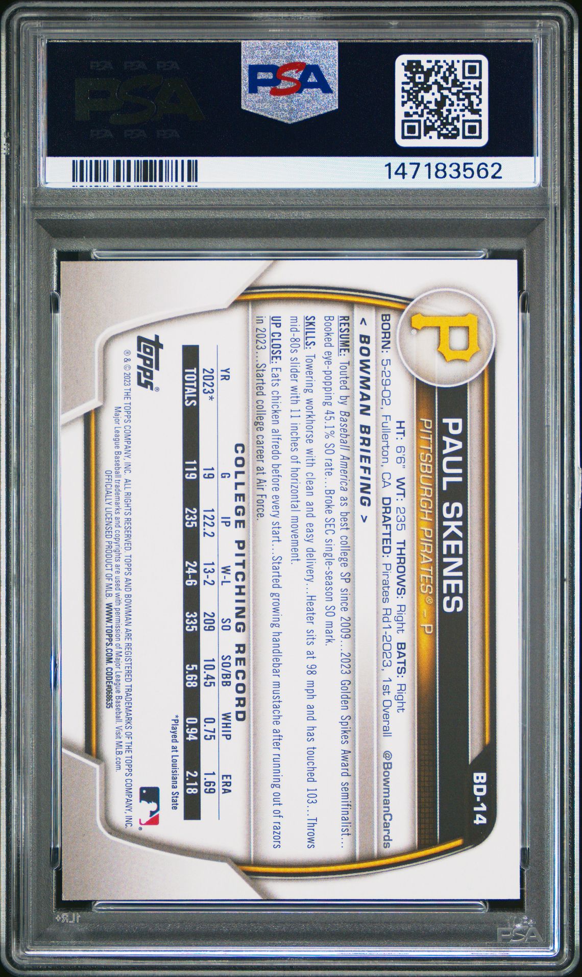 2023 Bowman Draft Paul Skenes #Bd14 Nm-Mt 8 back
