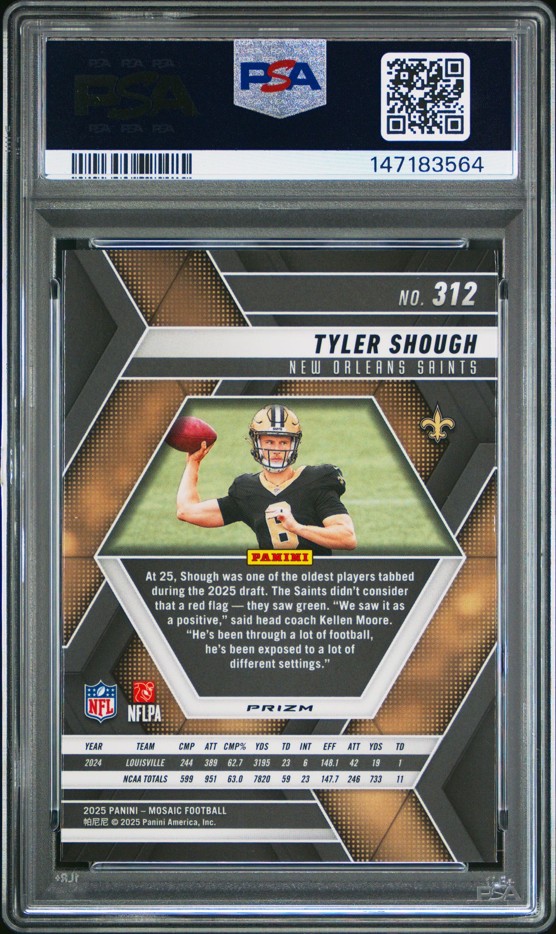 2025 Panini Mosaic Tyler Shough #312 (Reactive Yellow) Gem Mt 10 back