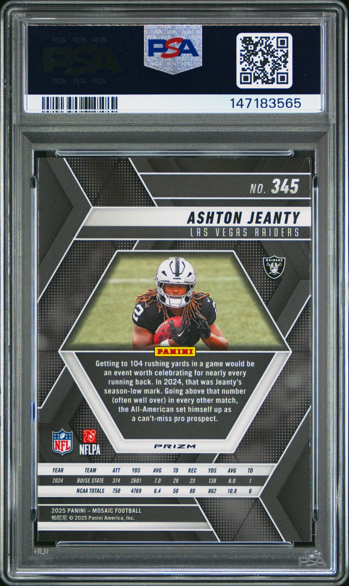 2025 Panini Mosaic Ashton Jeanty #345 (Reactive Yellow) Gem Mt 10 back