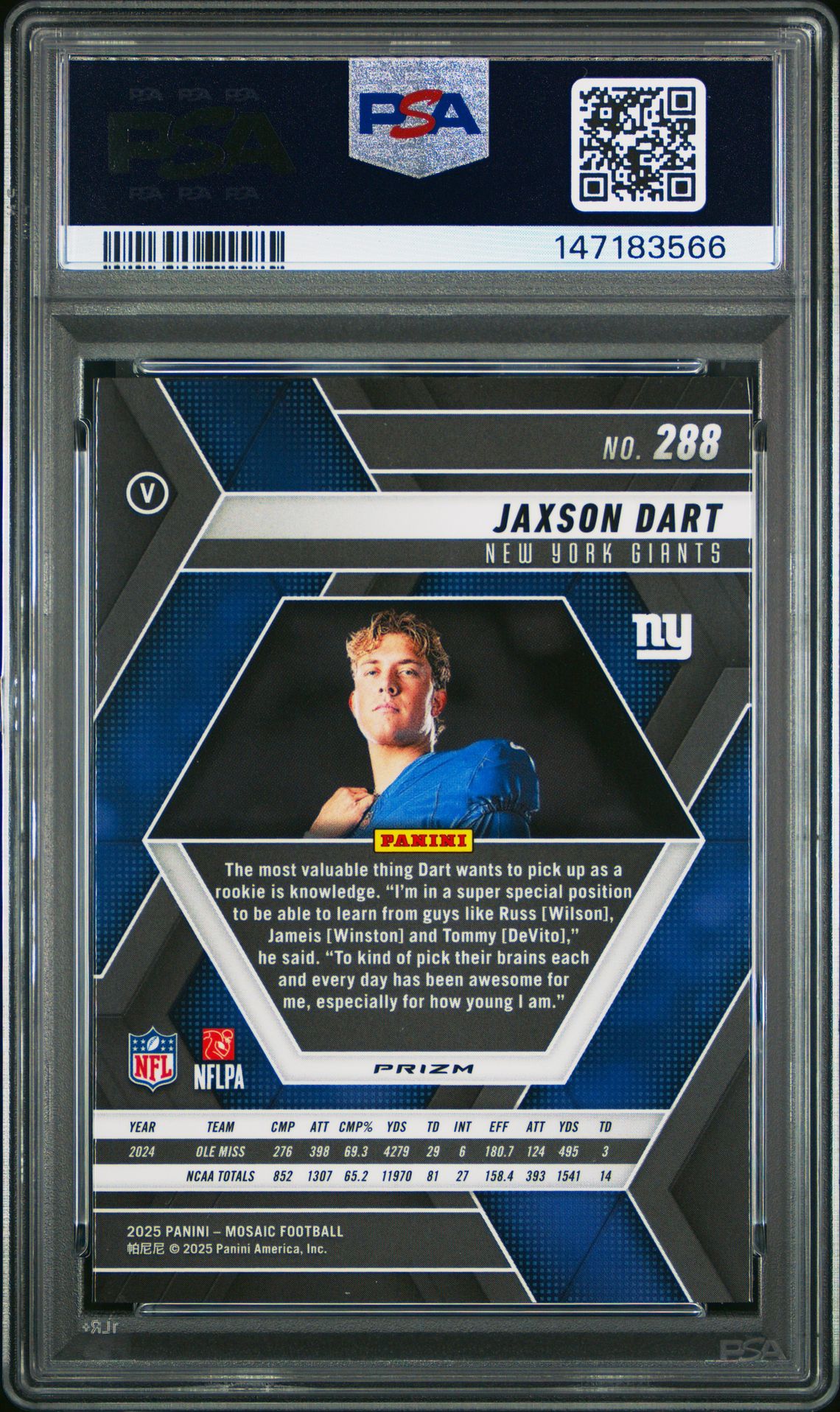 2025 Panini Mosaic Jaxson Dart #288 (Reactive Yellow) Gem Mt 10 back