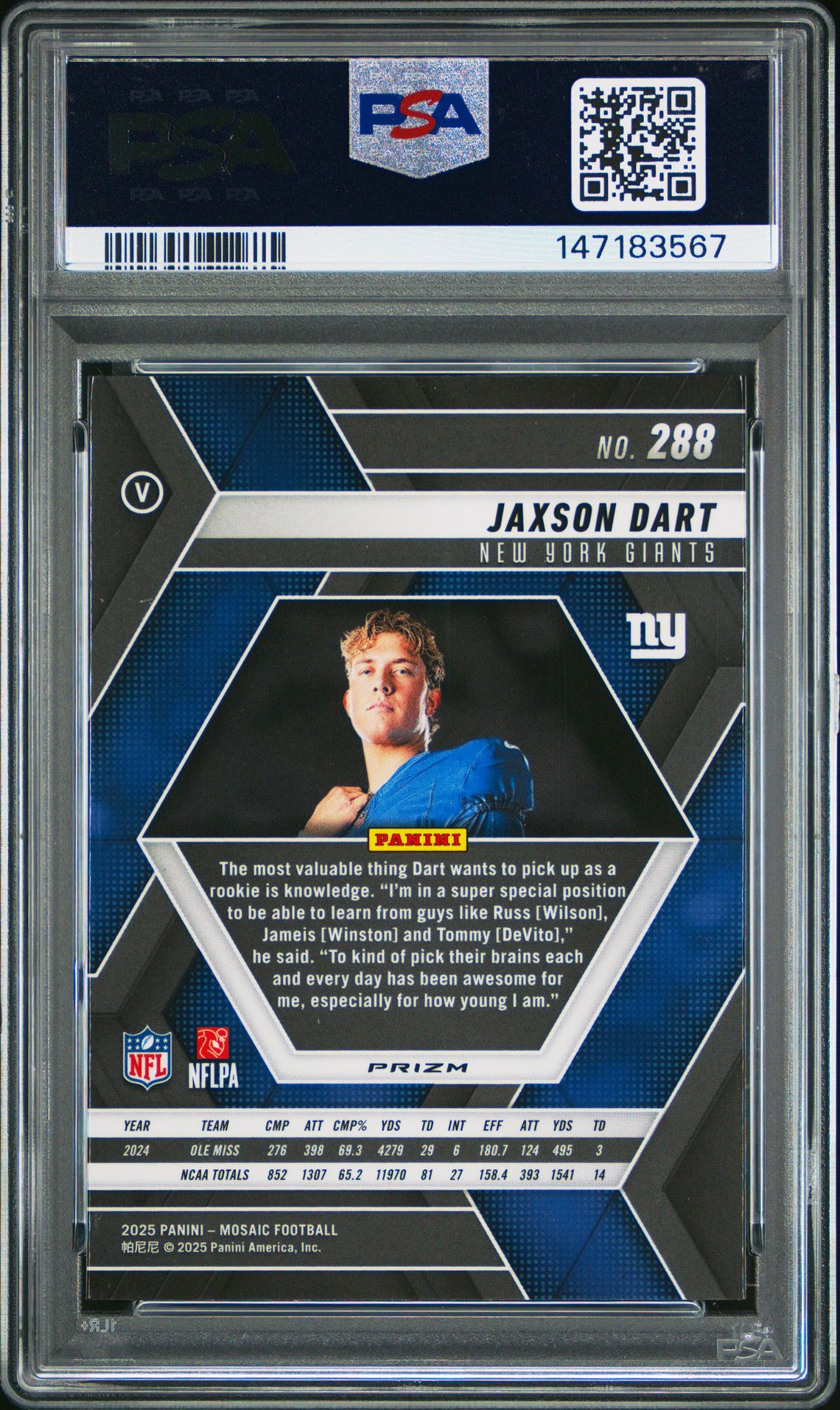 2025 Panini Mosaic Jaxson Dart #288 (Reactive Yellow) Gem Mt 10 back