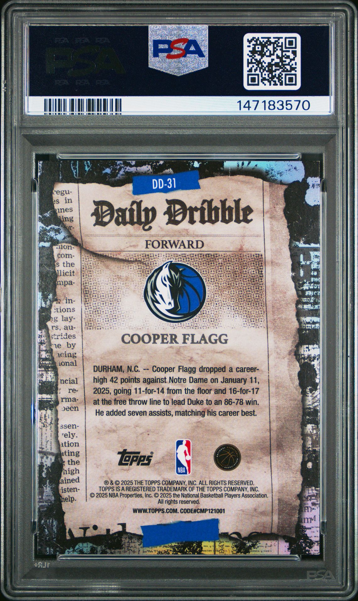 2025 Topps The Daily Dribble Cooper Flagg #Dd-31 Mint 9 back