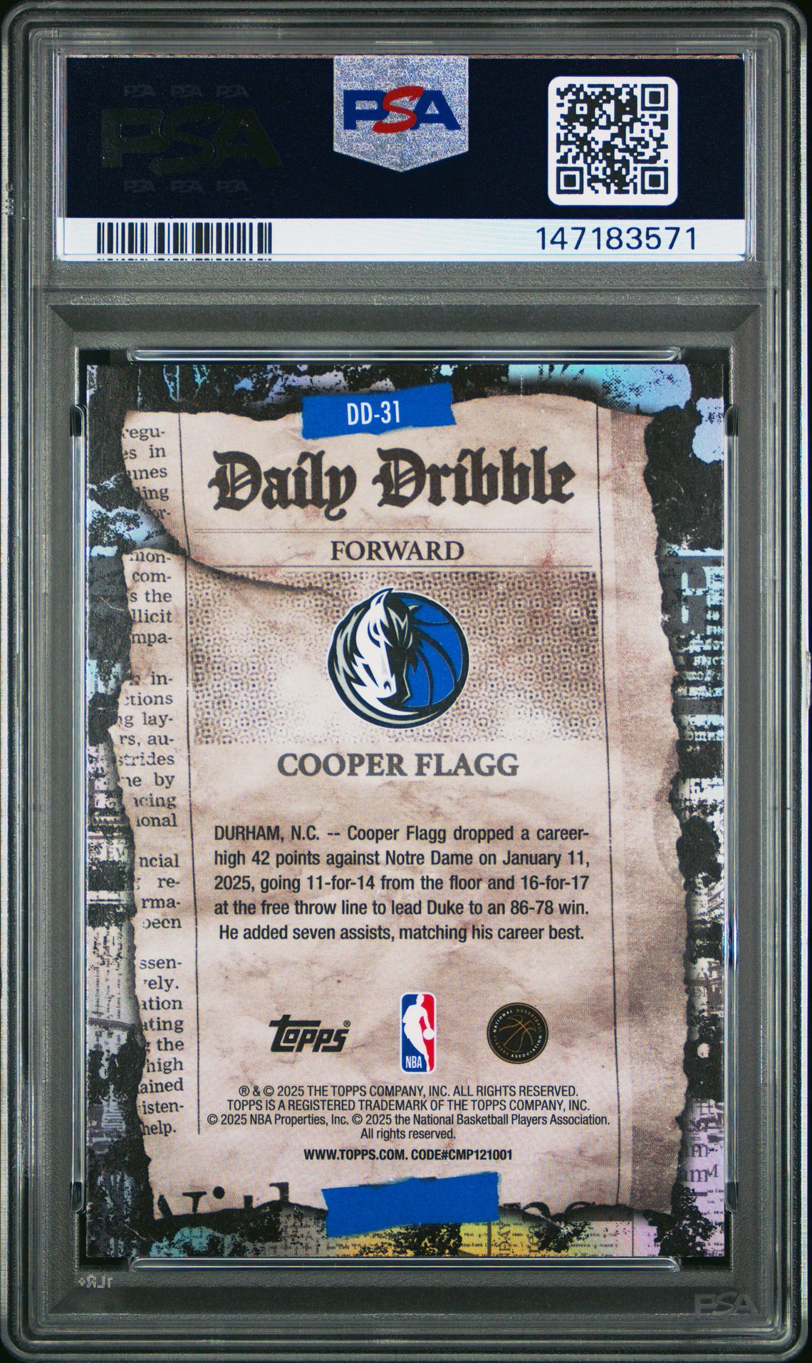2025 Topps The Daily Dribble Cooper Flagg #Dd-31 Mint 9 back