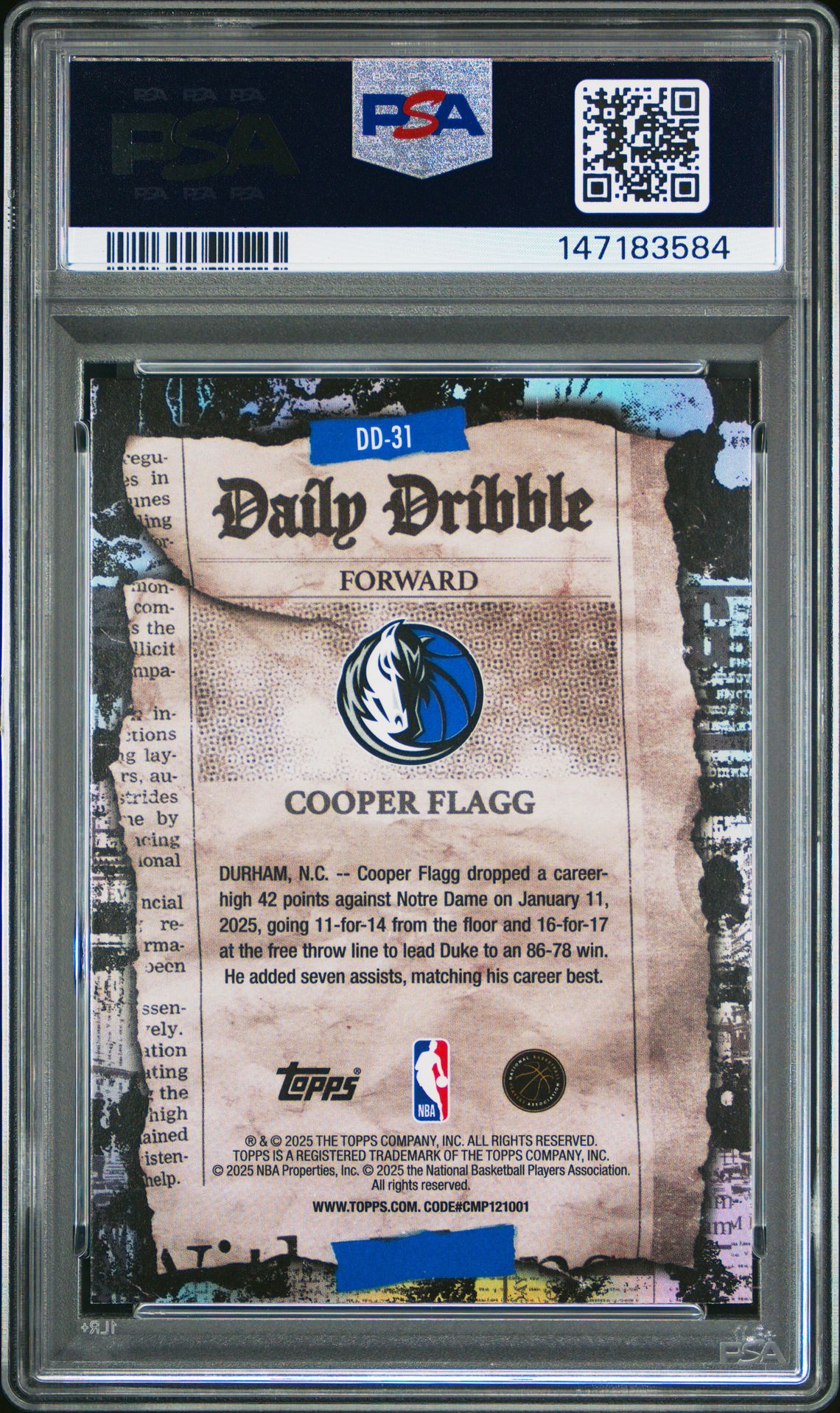 2025 Topps The Daily Dribble Cooper Flagg #Dd-31 Mint 9 back