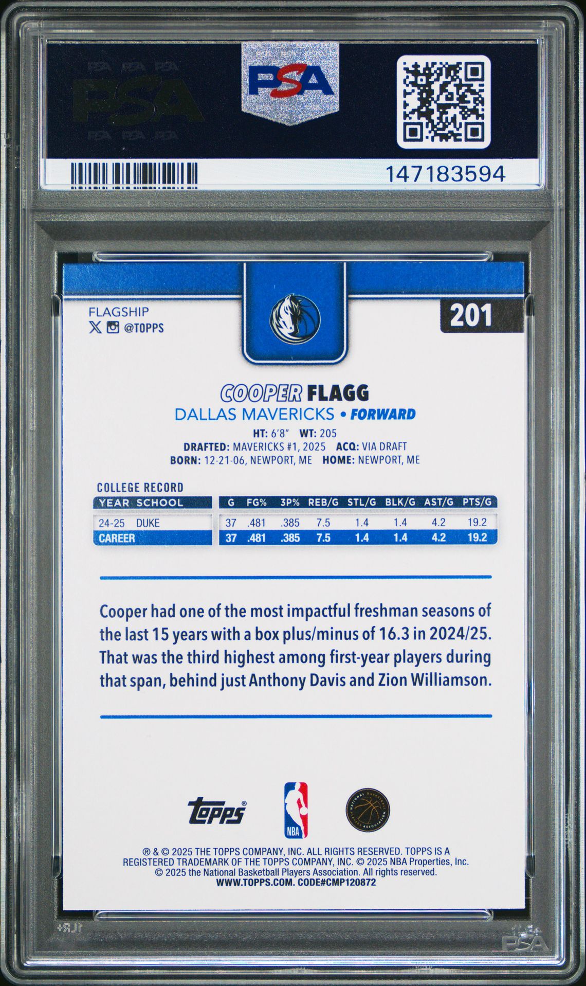 2025 Topps Cooper Flagg #201 Mint 9 back