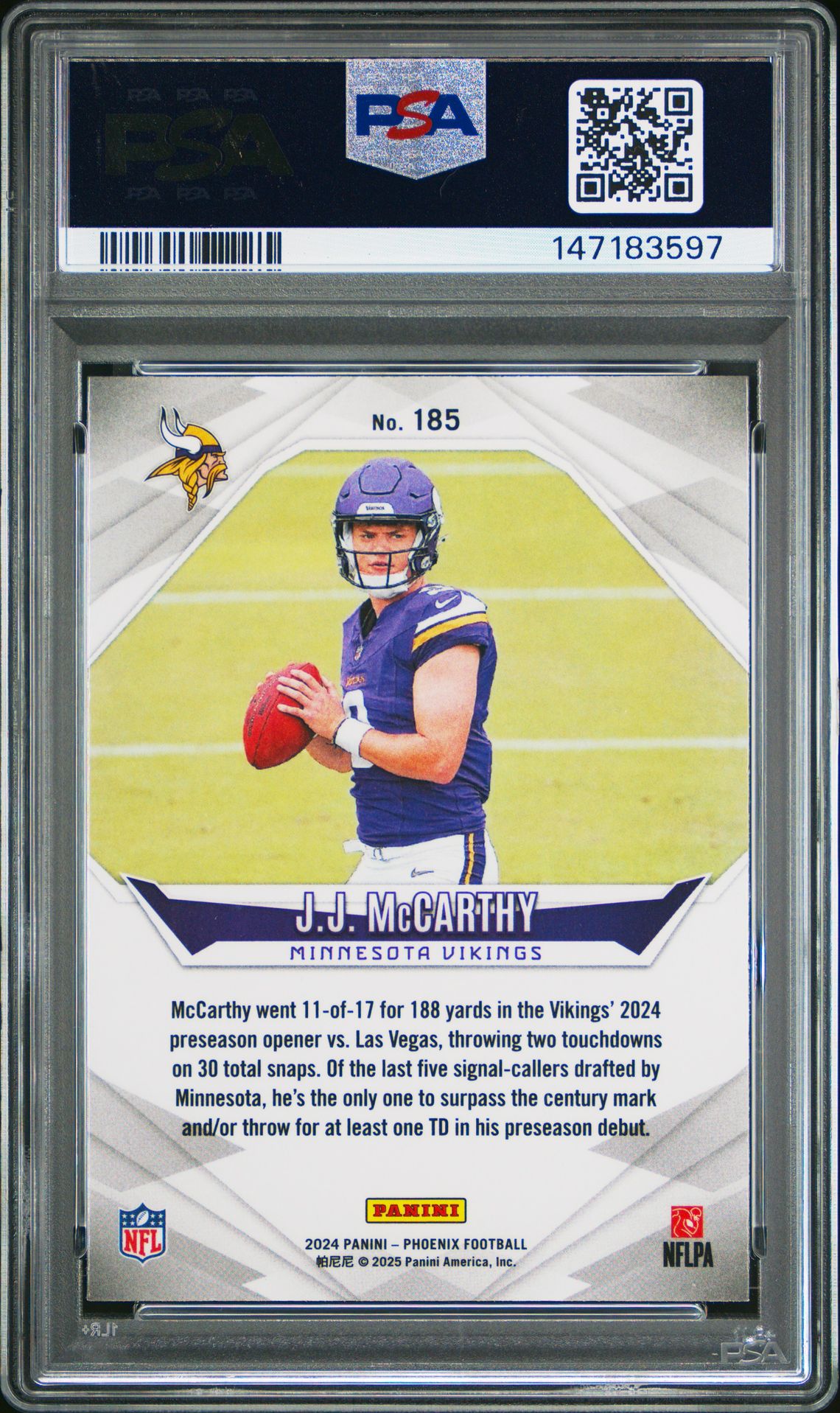 2024 Panini Phoenix Jj Mccarthy #185 (Lazer) Gem Mt 10 back